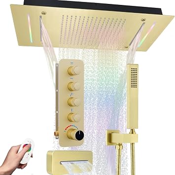 Rain 12x24 Inch LED Head Shower System with Waterfall Bathtub Spout and 4 Function Button Handheld Shower Vale,Rainfall Waterfall Shower Faucet Set,Brushed Gold