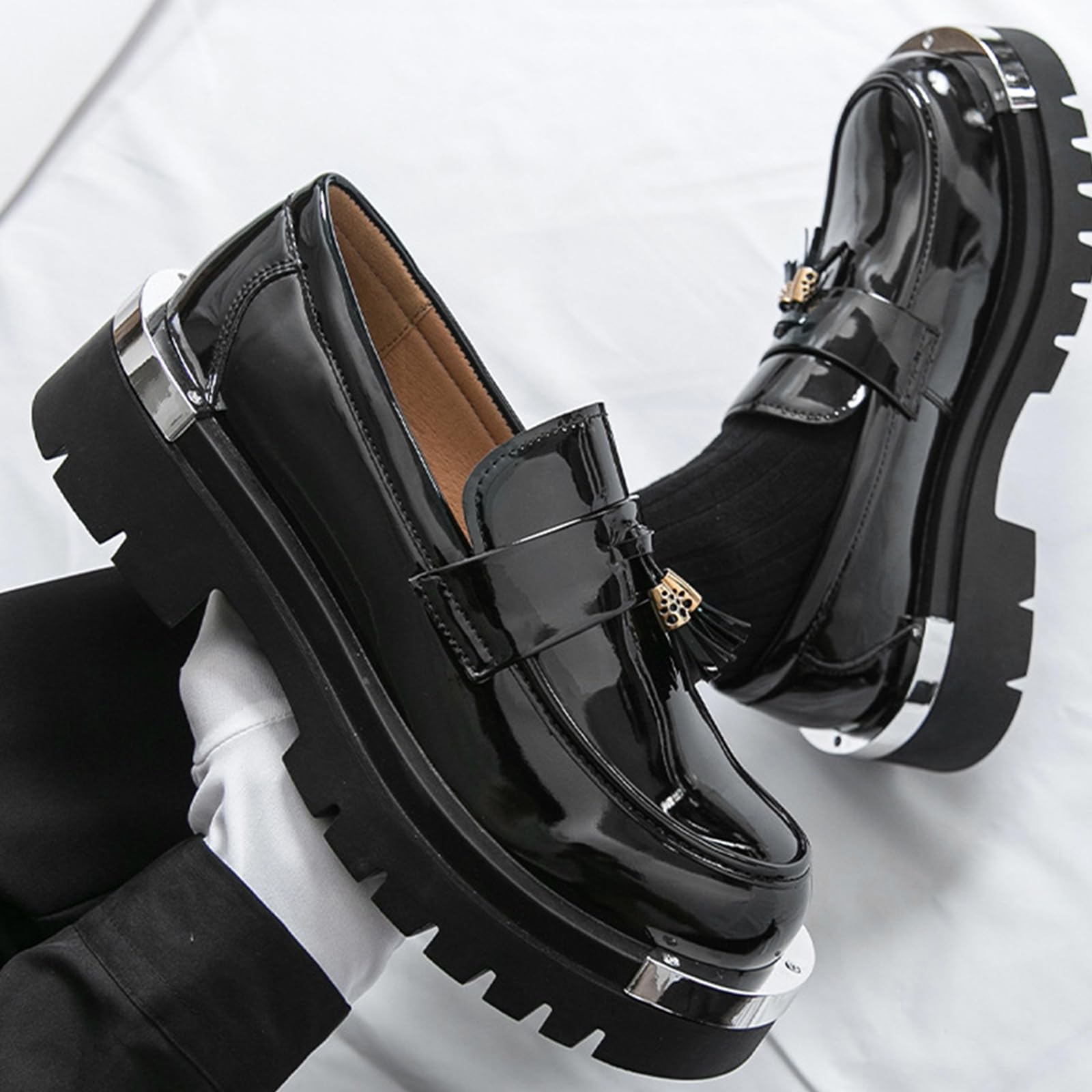 Scarpe Eleganti da Uomo Plateau Mocassini Punta Arrotondata