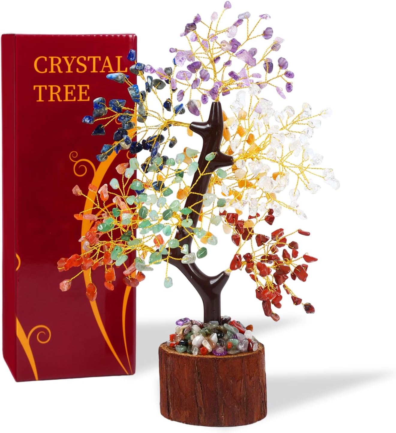 Crystal Tree of Life with Chakra Stones - Healing Crystals Decor for Desk & Home, Housewarming Gifts for New Home, Unique Birthday Gifts for Women, Sisters, Friends (7 Chakra Tree Wooden Base)