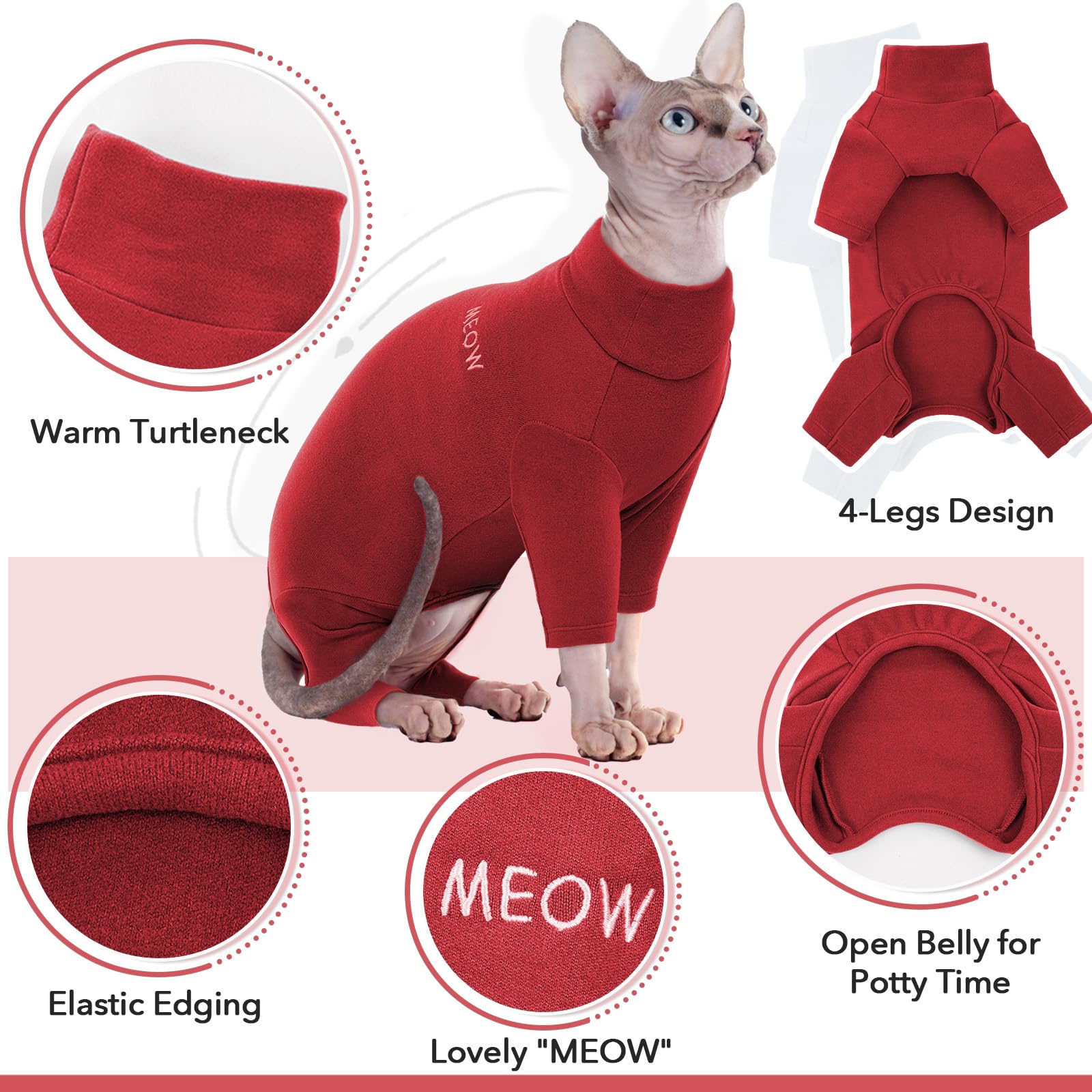 Cat Jumper, Cat Recovery Suit Long Sleeve & Open Belly(Red, M) - Image 4