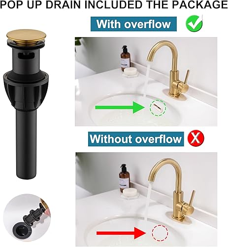 Miniatura 2 de Grifos de Baño Dorados  Grifo de Lavabo de Cascada de Un Solo Agujero con Conjunto de Drenaje, Grifos de Baño de Cascada de Oro Cepillado con Caño