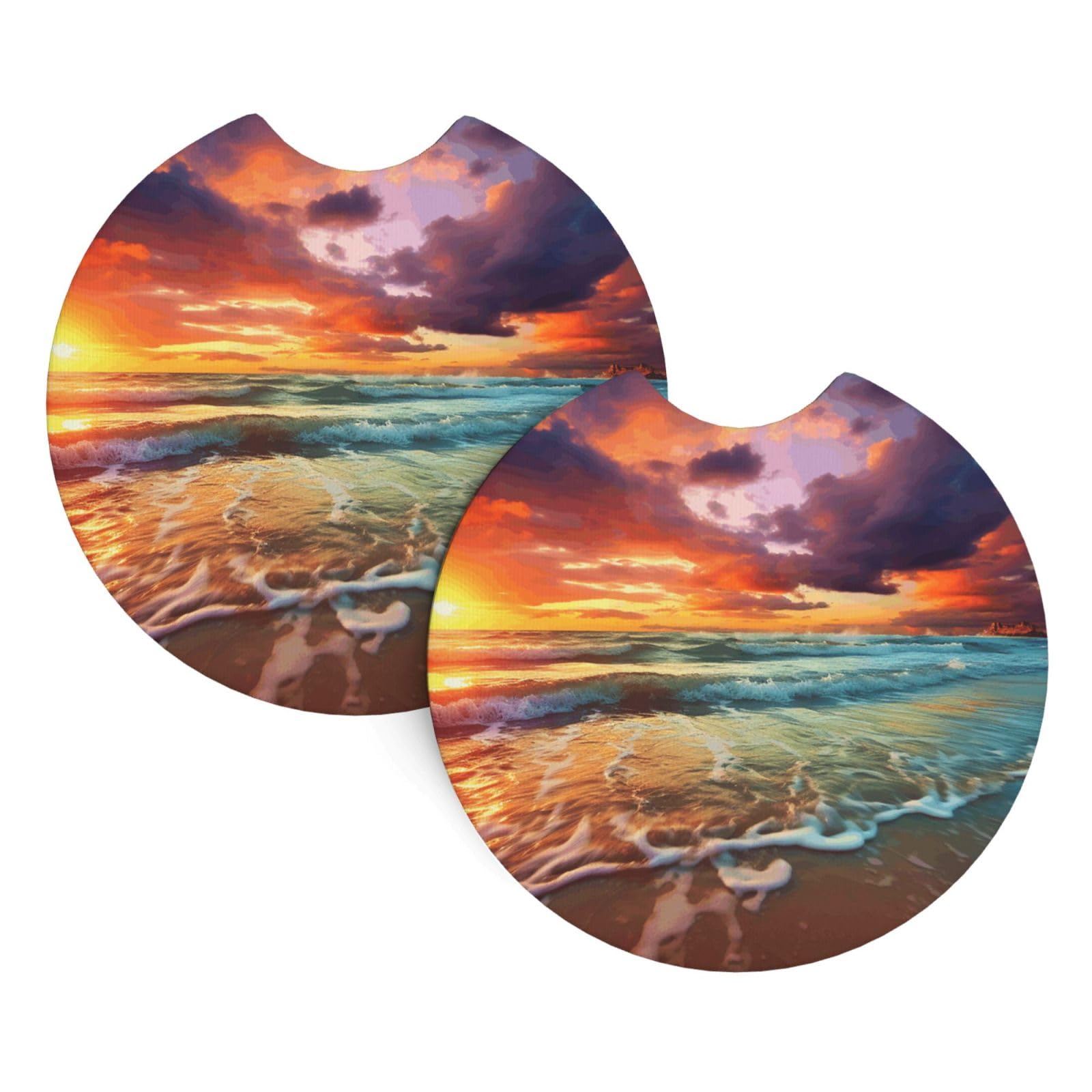 2 Pack Car Coaster for Cup Holders Ocean Rainbow Beach Sunset or Sunrise Car Cup Coaster 2.7" Neoprene Non-Slip Automotive Cup Mat Universal Auto Car Interior Accessories for Women Men Cup Pad