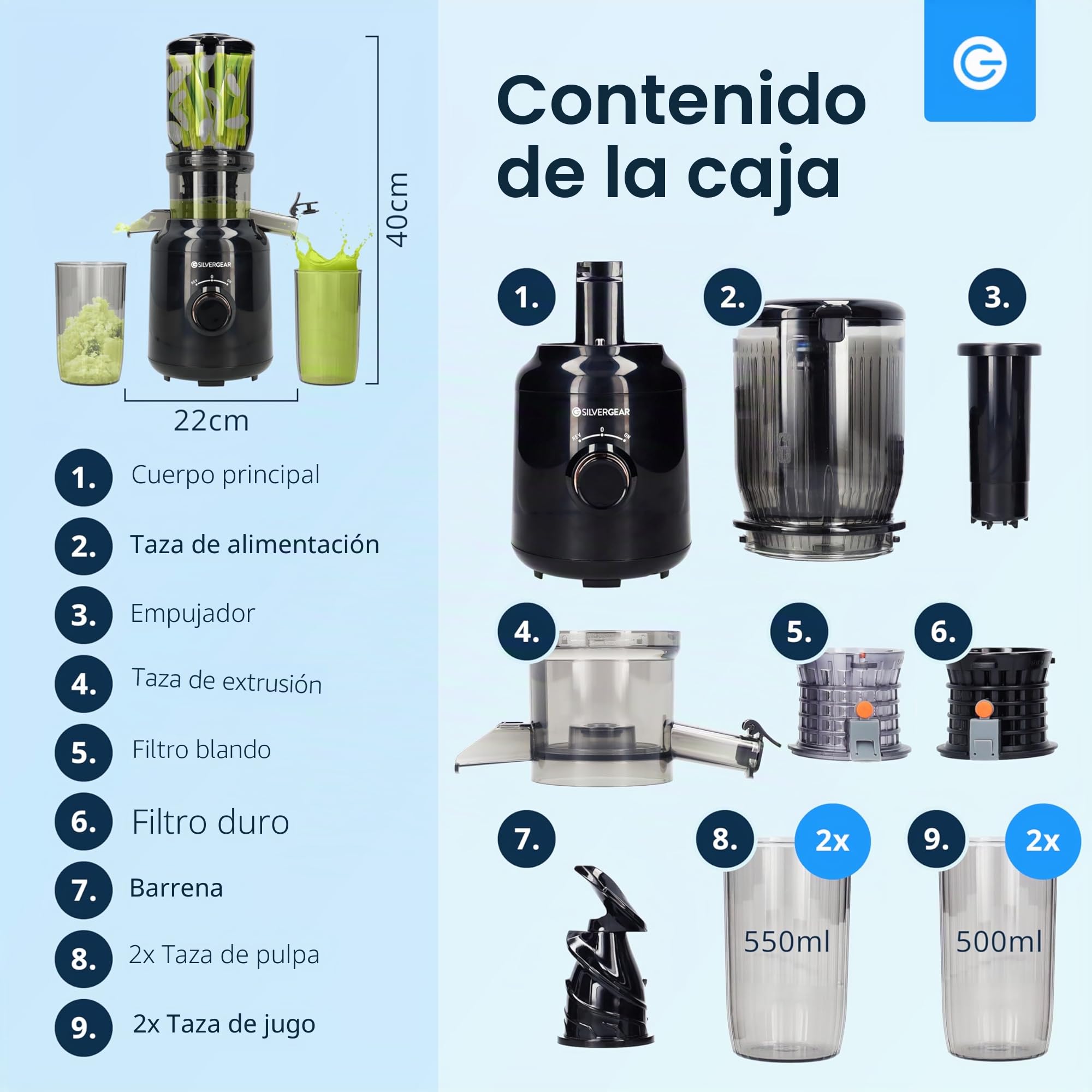 Silvergear® Licuadora | Extractor de Zumos y Verduras | Slowjuicer 250 W | Extractor 103 mm Apertura | Slowjuicer Potente Motor a 60 rpm | 2x Envases de 450 ml | Negro
