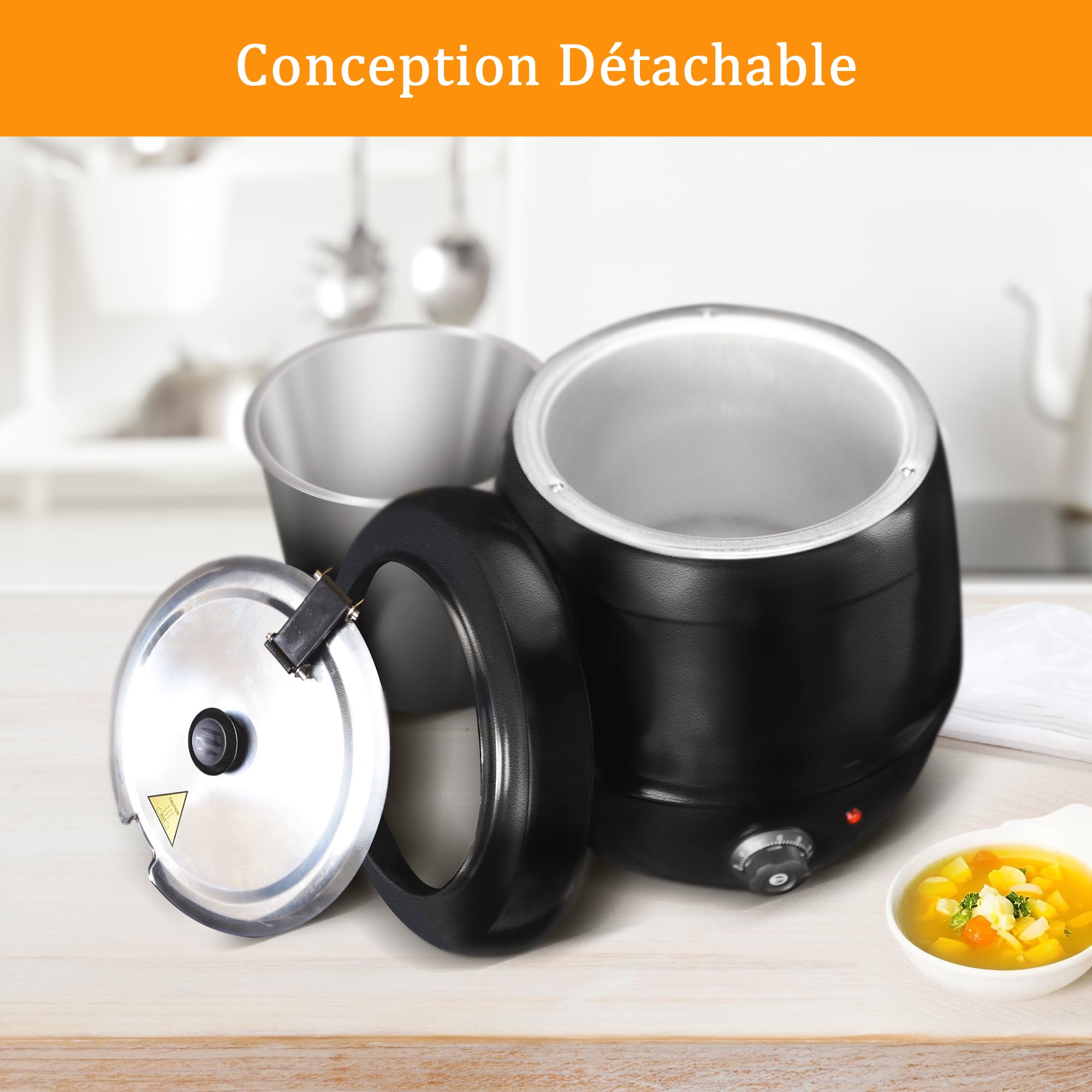 Hakka Marmite à Soupe Électrique10L, Chauffe-Soupe avec Couvercle à Charnière, Marmite Amovible en Acier Inoxydable, Température Réglable de 30 à 85 °C, Pour Restaurant, Buffet et Traiteur.
