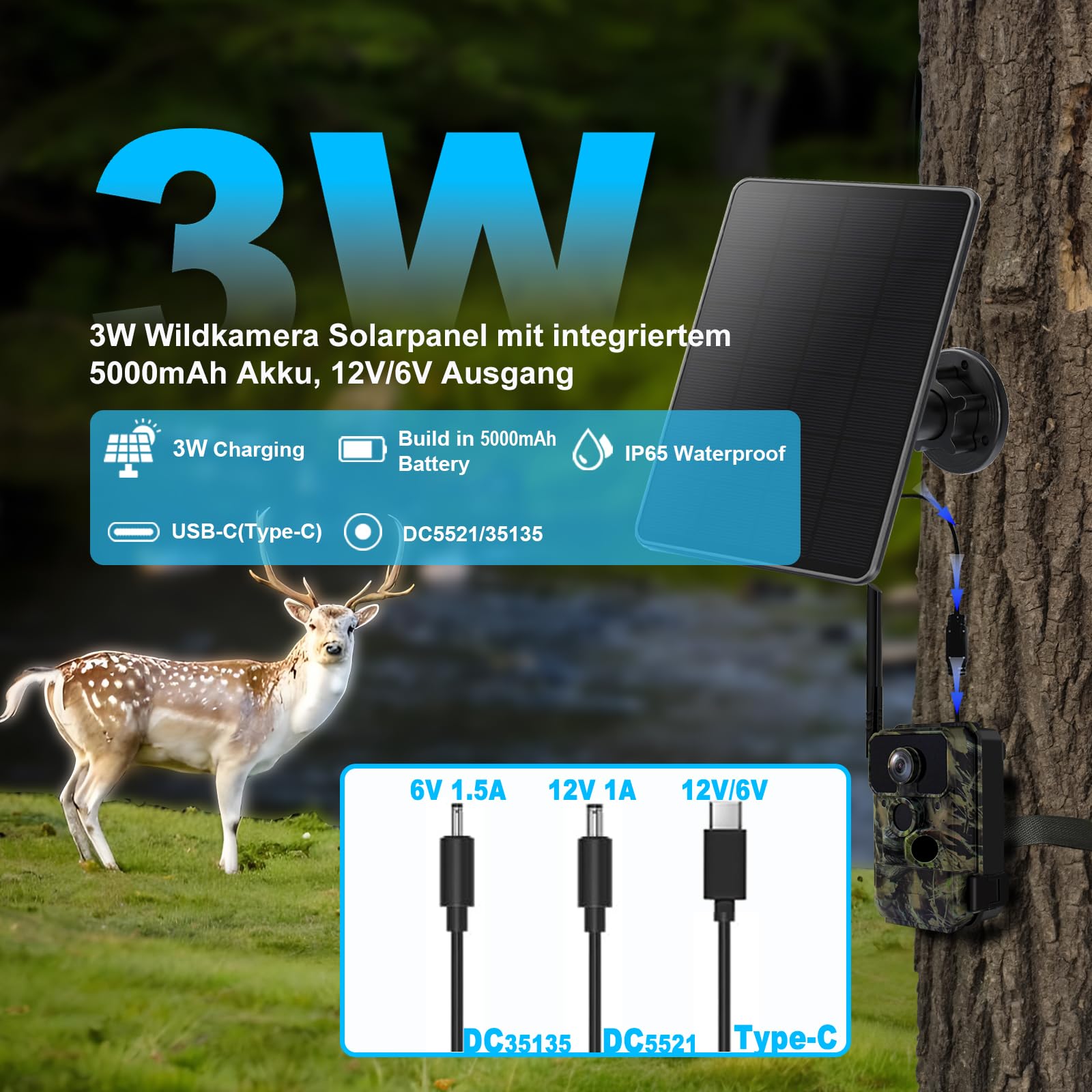 Solarpanel Wildkamera: 5000mAh Akku-Solarpanel für Wild und Outdoor Kameras, 12V/1A&6V/1.5A Solar Batterie Ladegerät Kit, Jagdzubehör für Wildtierkamera von DC 2,1/3,5mm&USB-C Ausgangsanschluss