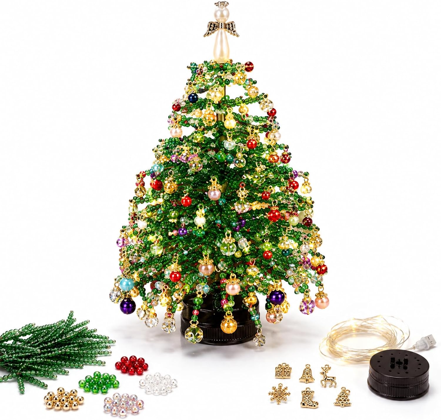DIY Beaded Christmas Tree Kit with Lights, Crystal Tabletop Decor，A