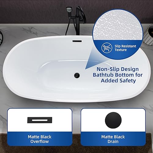 Vista 29 de WOODBRIDGE Bañera de acrílico independiente de 67 "bañera contemporánea de remojo blanco con desbordamiento y drenaje negro mate, BTA1528-MB Mate