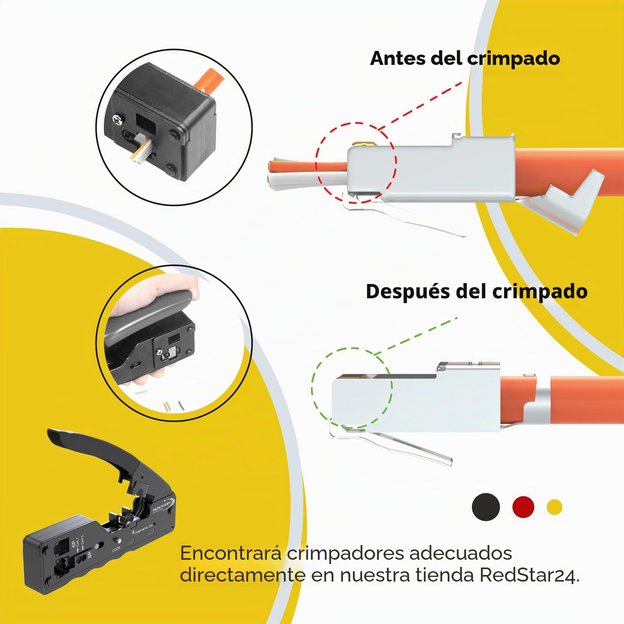 RedStar24 Conectores RJ45 Cat7 – Pack de 10 enchufes Ethernet Pass Through con protección contra dobleces y ojal de inserción – Compatibles con cables Cat7, Cat6A, Cat6 AWG23 – 8 pines – naranja