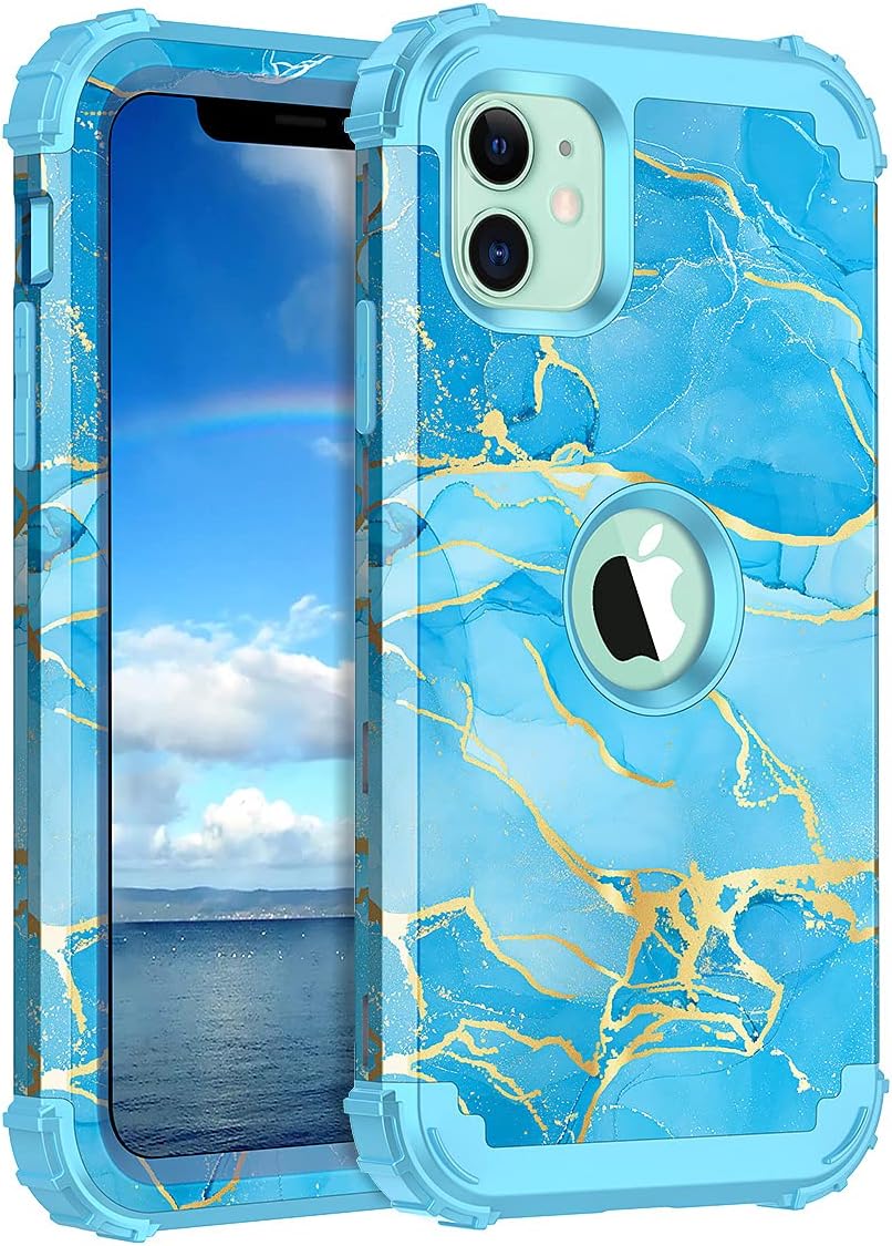 Casetego for iPhone 11 Case,Heavy Duty Shockproof 3 Layer Hard PC+Soft Silicone Bumper Rugged Anti-Slip Protective Cases for Apple iPhone 11 6.1 inch,Blue Marble
