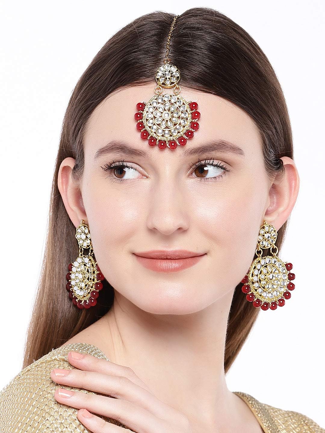 Aheli Floral Pattern Kundan and Beads Earrings Maang Tikka Set Indian Bollywood Ethnic Fashion Jewelry Gift for Women