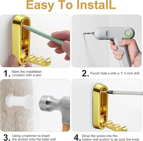 Miniatura 5 de 4 ganchos de pared plegables dorados, ganchos plegables para colgar en la pared, bolsasmochilaropa, gancho montado para baño, dormitorio, cocina