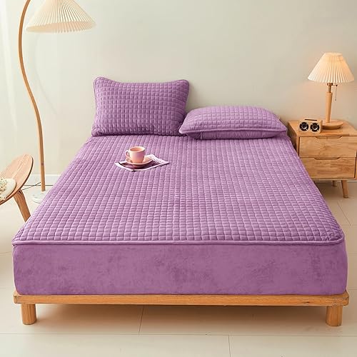LweiPsqLin Quilted Flannel Fitted Sheets,Soft Flannel Fleece Mattress Top- Suitable for Fall and Winter,Fitted Deep Pocket Up to 15''. (Purple, Twin)
