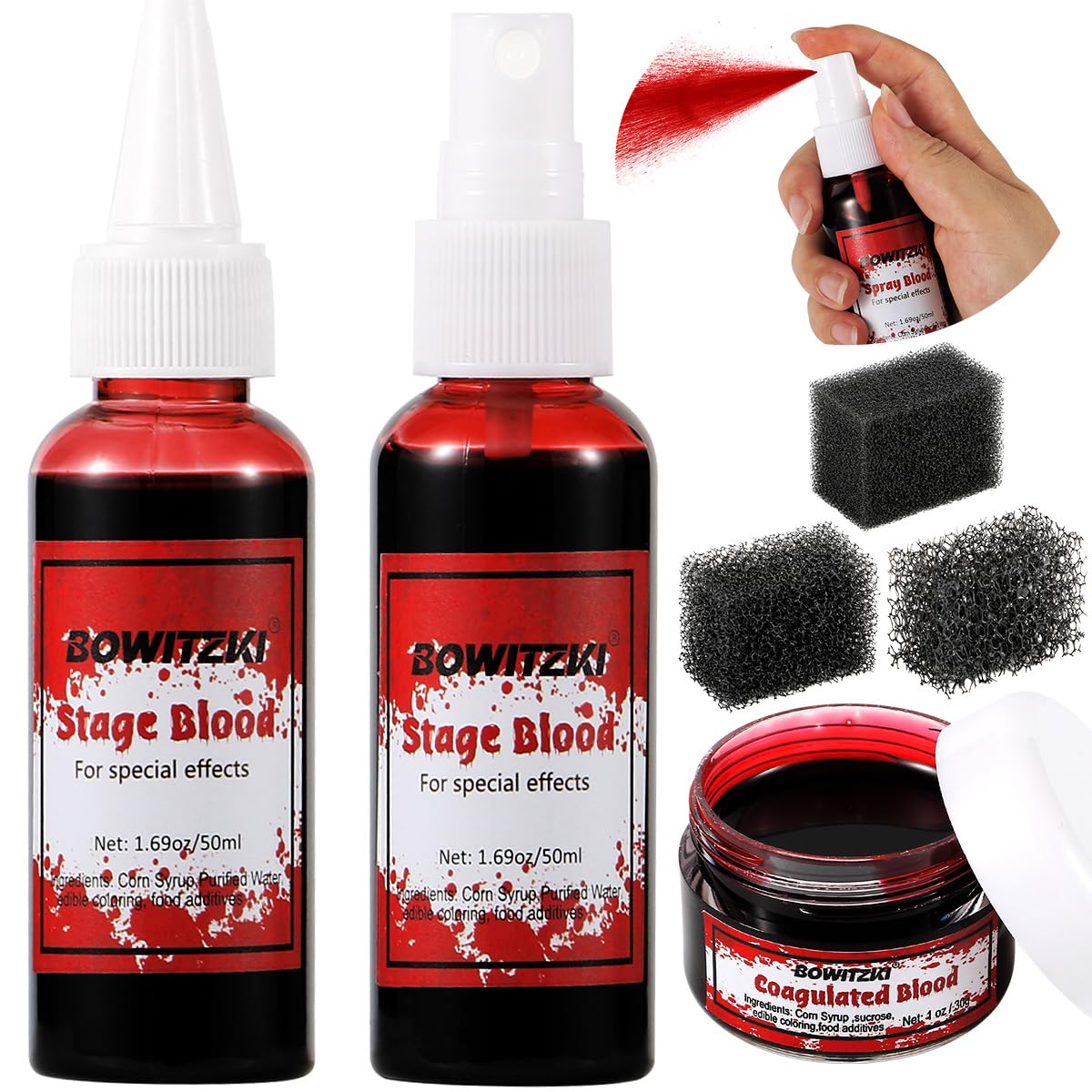 Bowitzki Fake Blood 6PCS Stage Blood + Spray Blood + Coagulated Blood + SFX Sponge Realistic Washable For Special Effects SFX Makeup Zombie Vampire Monster Festivals Party Halloween Christmas