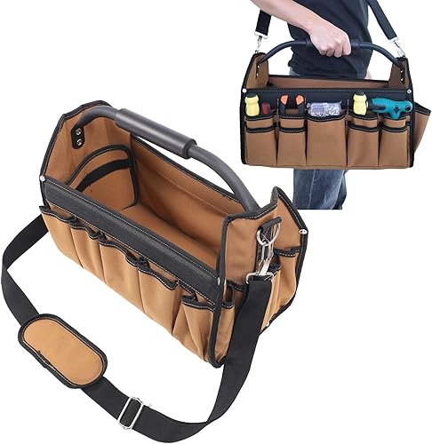 Miniatura 8 de Topyond 16-Inch Electrician Tool Bag,32 Pockets Heavy Duty Tool Bags for Men,Wide Mouth Toolbag,Large Capacity Oxford Cloth Open Top Tool Organizer
