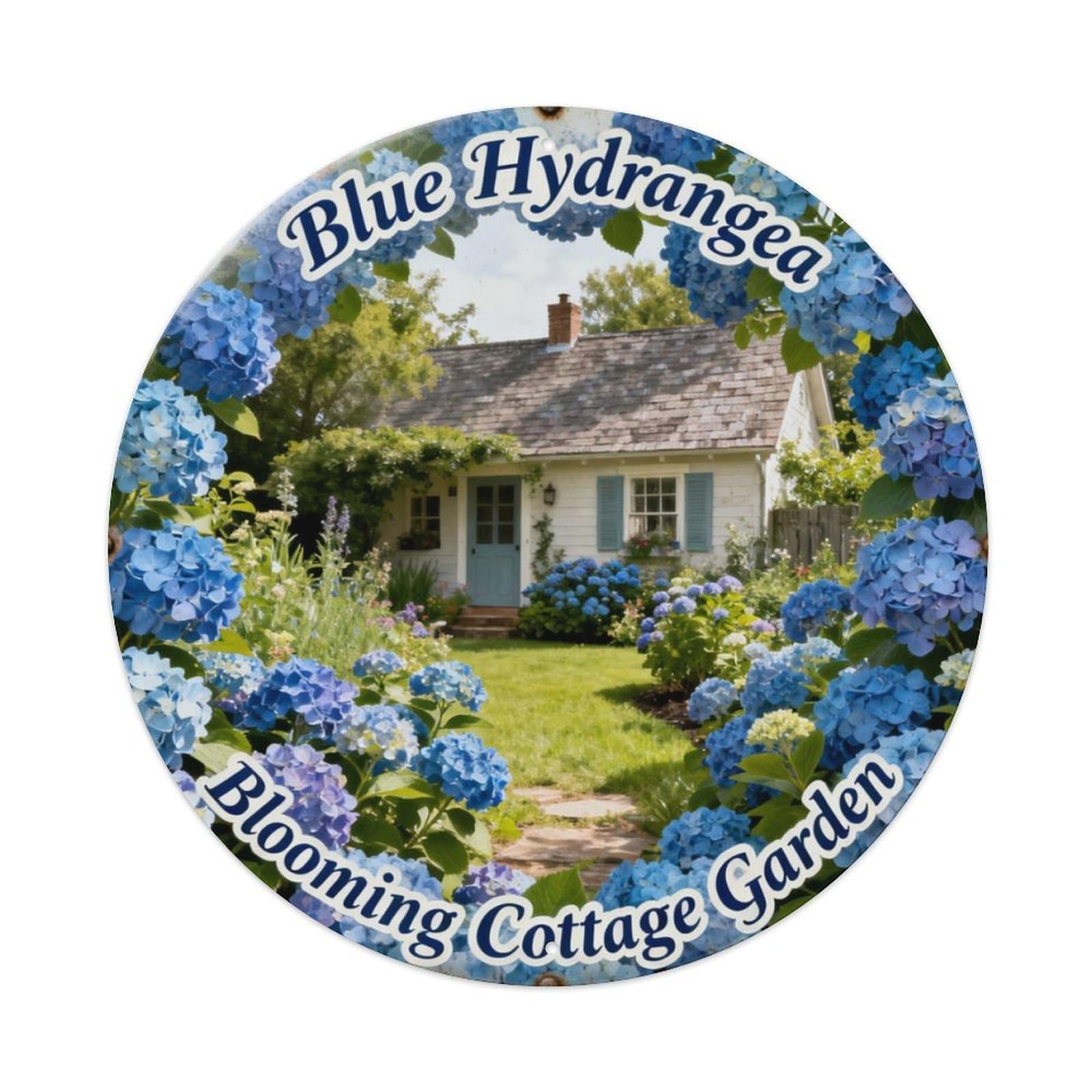 Blue Hydrangea Blooming Cottage Garden Metal Tin Sign Plaque