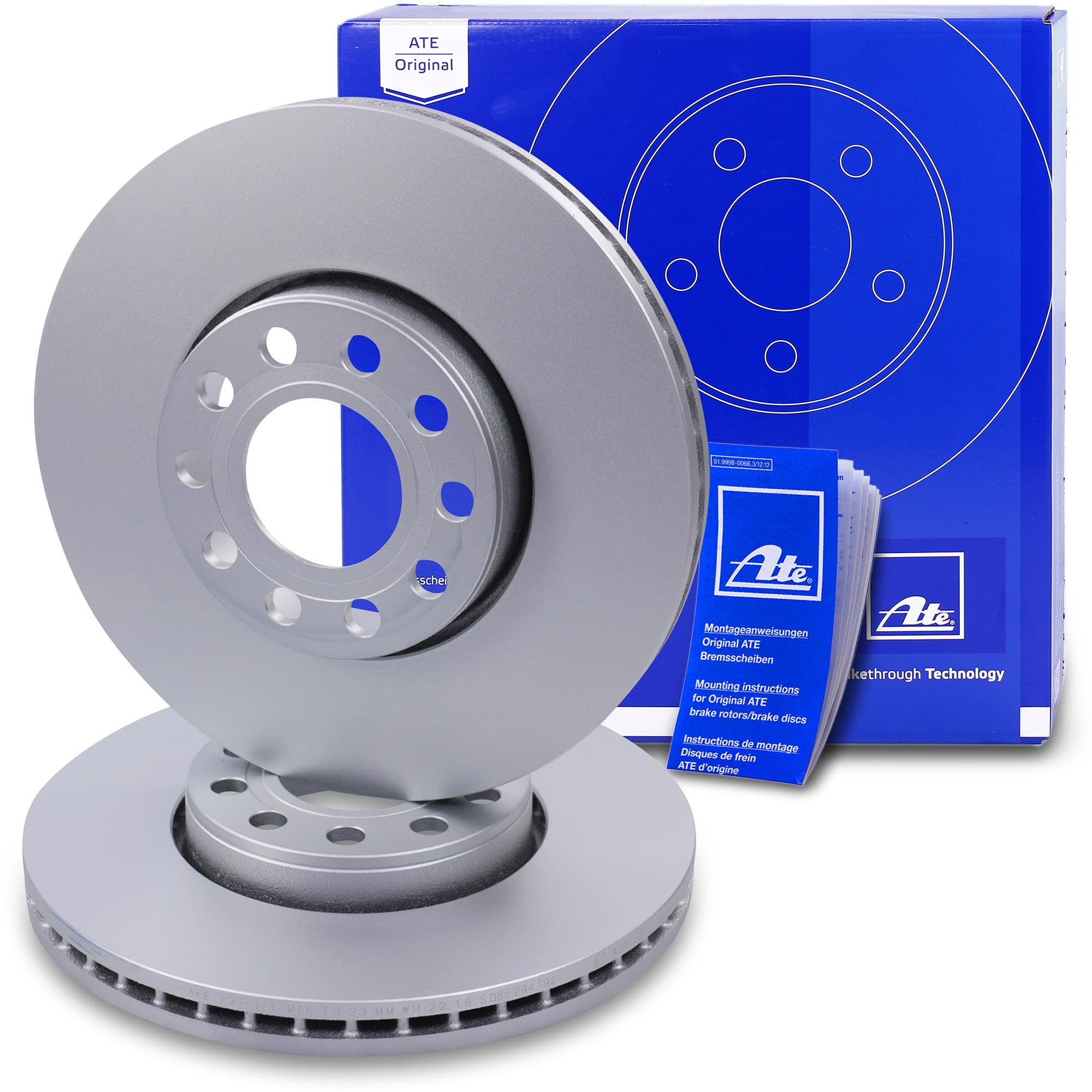 ATE Bremsenset inkl. Bremsscheiben vorne Ø 288 mm belüftet + hinten Ø 245 mm voll und Bremsbeläge vorne + hinten und Verschleißkontakt Kompatibel mit SKODA SUPERB 1 (3U4), VW PASSAT B5