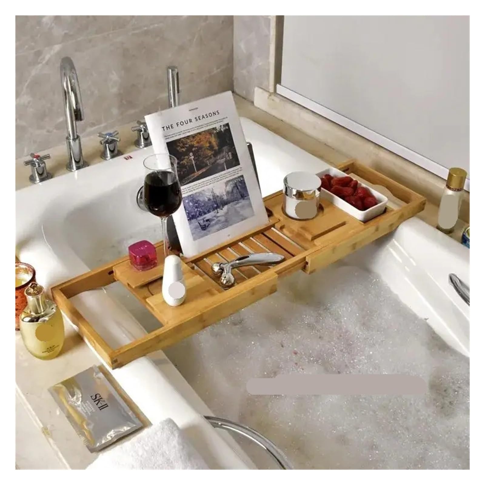Bandeja de bambú ajustable para bañera – Nizer de madera con teléfono para libro de vino y soporte para jabón, accesorio de spa perfecto para relajarse en el baño y el hogar