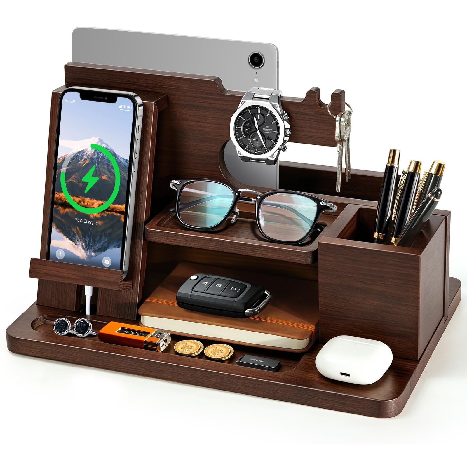 Spardar Birthday Gifts for Men, Nightstand Organizer with Wireless Charger, Storage of Purses, Keys, Mobile Phones, Ideas Gift for Husband, Him, Boyfriend, Father, Dark Brown