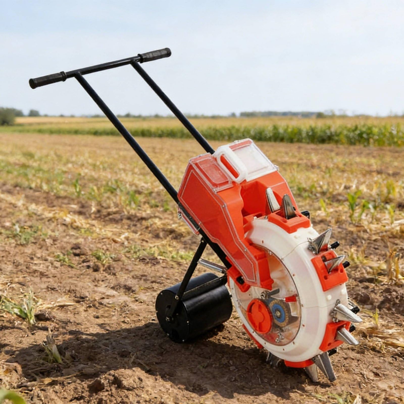 Handheld Seeder Semoir Planteur Épandeur Manuel à Poussée avec Roue Tasseuse Acier Inoxydable et Plastique Semis Régulier et Fertilisation Contrôlée, S 35CM, 5-Buse