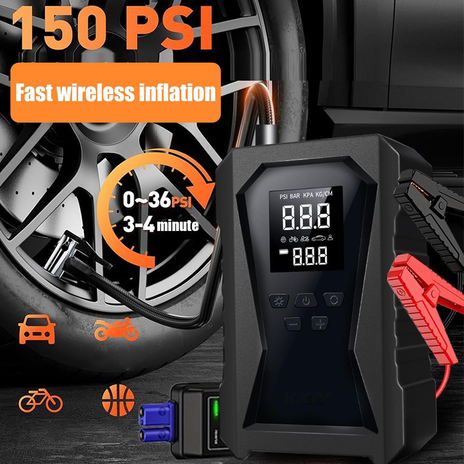 Arrancador de batería con compresor de Aire – Booster de batería 8000 mAh | arrancador de baterías de Coche inalámbrico, Power Bank para Moto, camión y | inflador de neumáticos Ajustable