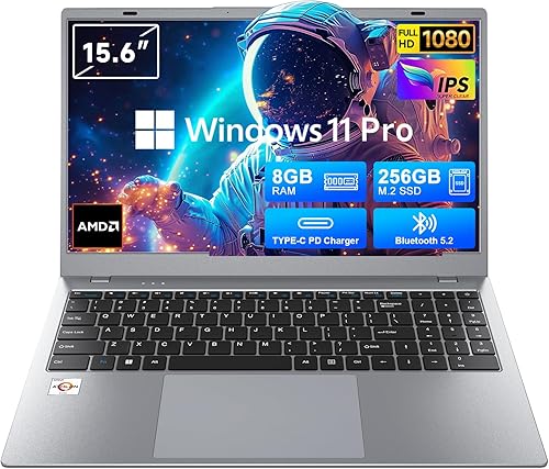 Computadora portátil de 15.6 pulgadas, procesador AMD 3020e, 8 GB DDR4 RAM 256 GB SSD, pantalla FHD IPS, Windows 11 Pro y Office 2024, batería