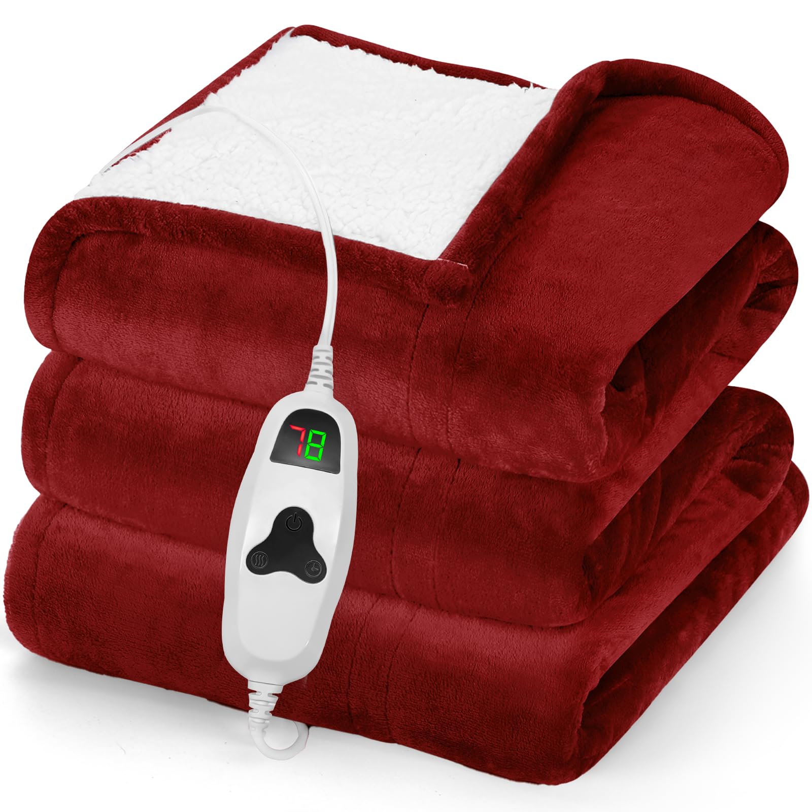 greenoak Heated Blanket Electric Throw 50"X60", Heating Blanket with 10 Heat Levels 1/2/4/6/8 Hours Auto-Off Overheat Protection, Flannel Sherpa Soft Warm Heater Blanket, ETL Certified Red