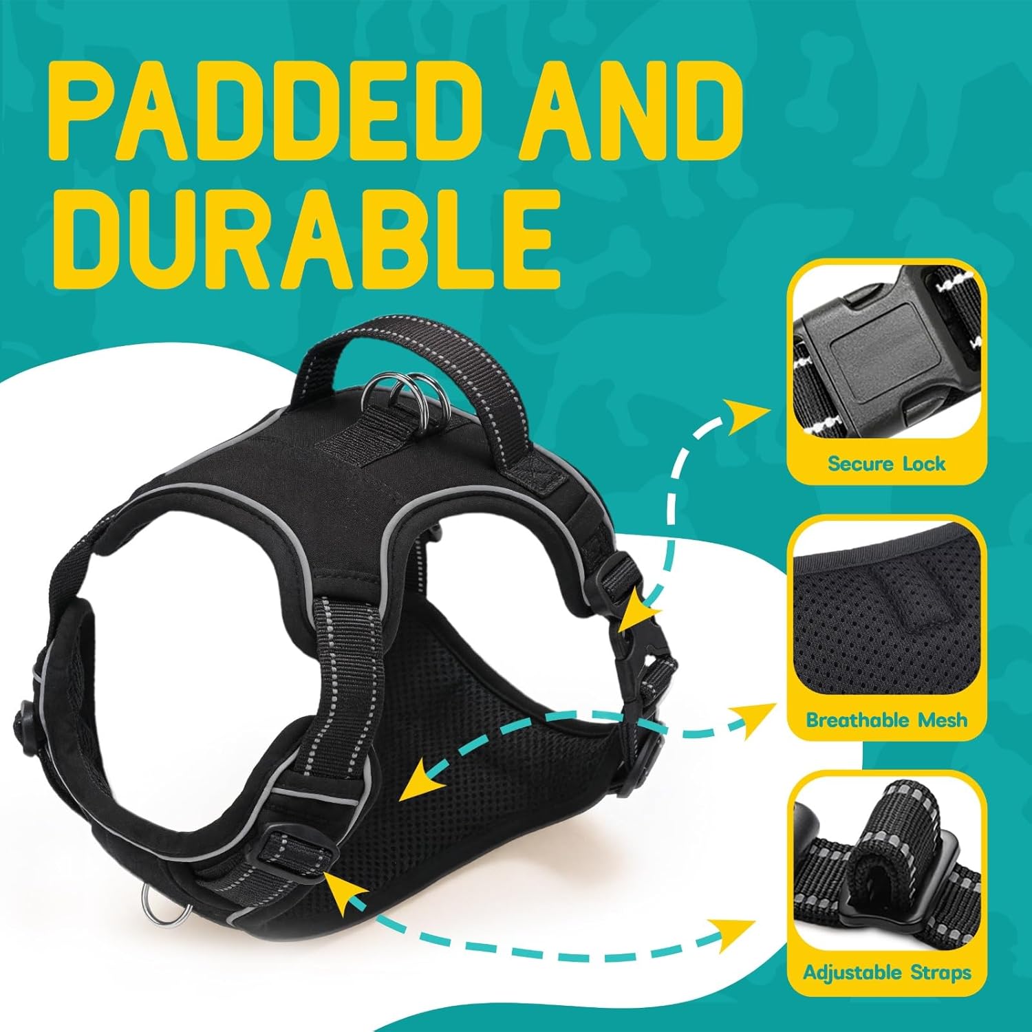 No Pull Dog Harness and Leash Set for Large Dogs – Adjustable Reflective Breathable Soft Padded Easy Control Dog Harness for Training & Walking, Black (Large)