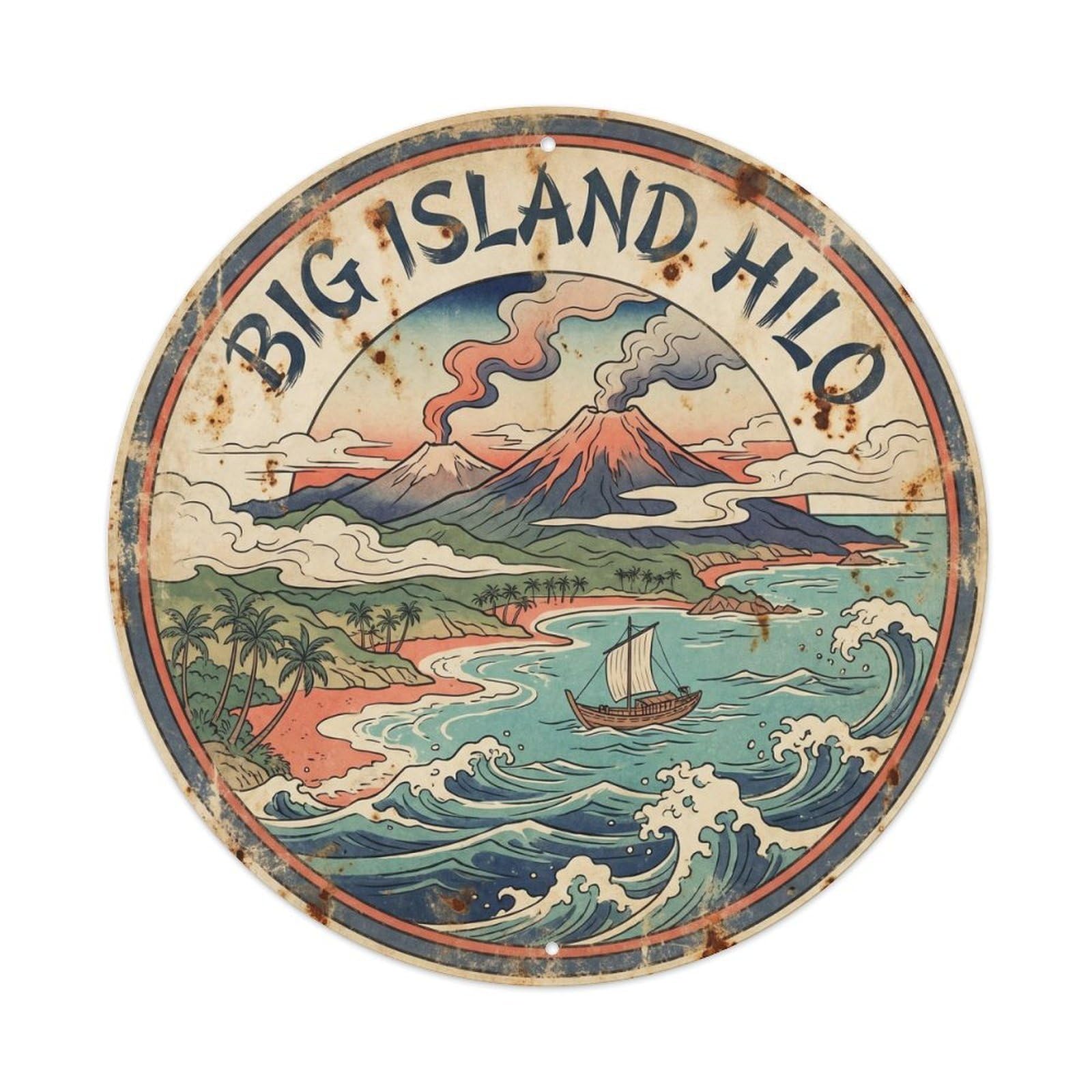 Big Island Hilo Tropical Resort Ink Illustration Metal Tin Sign