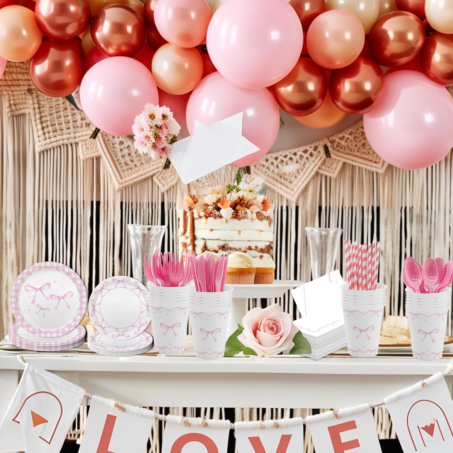 MEHOFOND 216 Pcs Coquette Disposable Paper Dinnerware Set, Pink Bow Party Tableware Decor, Paper Plates Napkins, Women Bridal Shower Bachelorette Engagement, Girls Birthday Party Decor, Serves 24