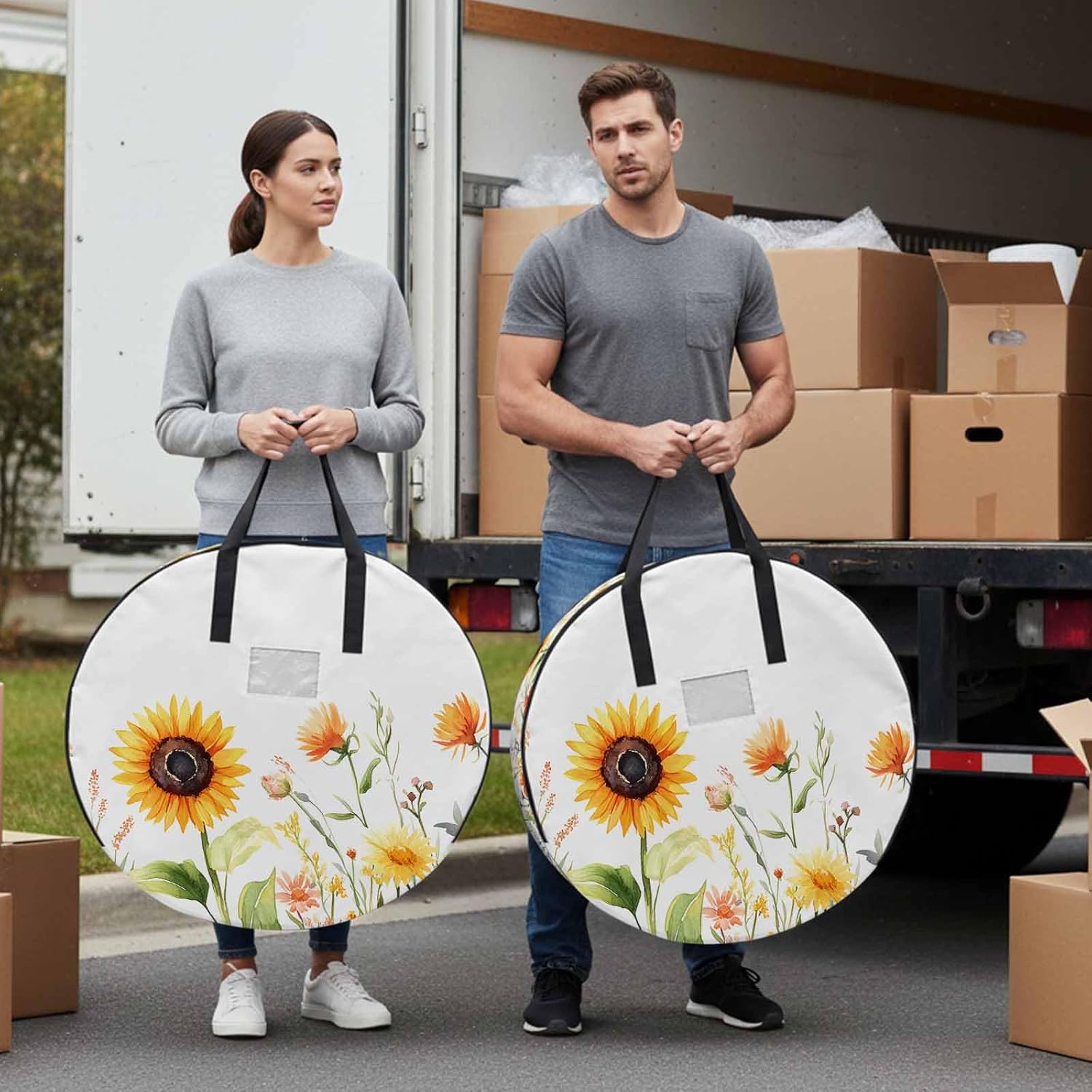 Pastoral Sunflowers Round Storage Bag 36 Inch, Farmhouse Floral Plants Leaves Clothes Storage Container with Handles Heavy Duty Organizer for Comforter, Bedding & Holiday Wreaths