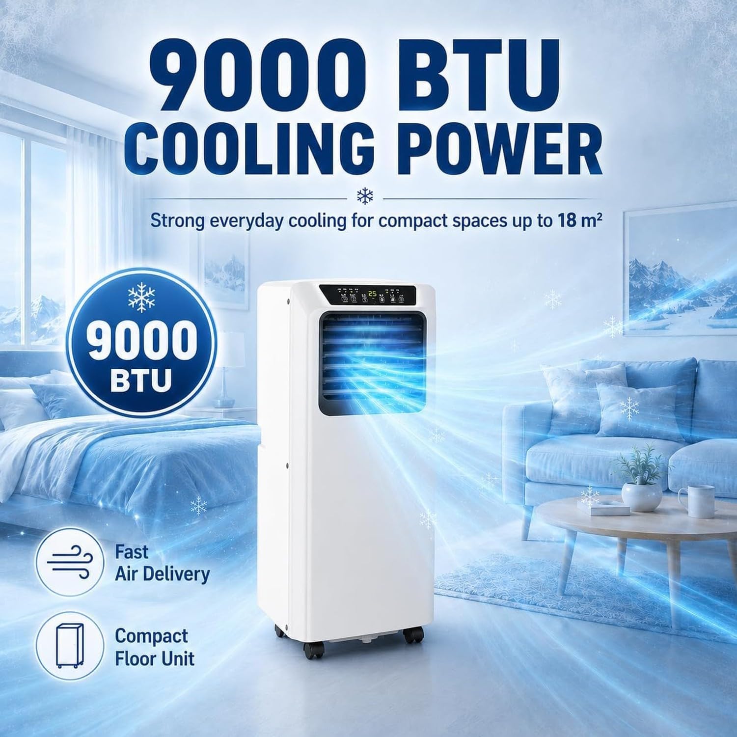9000 BTU Przenośny Klimatyzator z Osuszaczem i Kółkami, Cicha Praca 36-49 dB do Pomieszczeń 18 m²