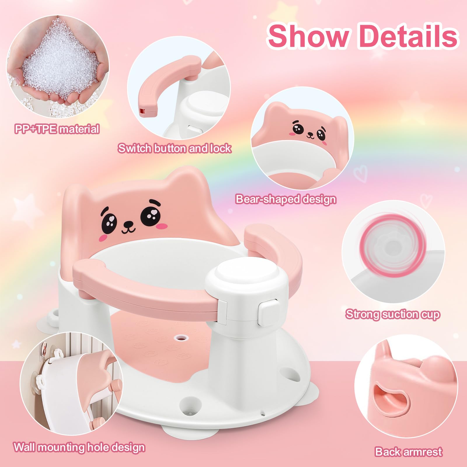 Seggiolino da Bagno Antiscivolo, Seggiolino Doccia Bimbo per Bambini dai 6 Mesi con 4 Ventose, Sedia Doccia Bambini, Regalo per il Bagnetto di Neonati e Neonati (Rosa)