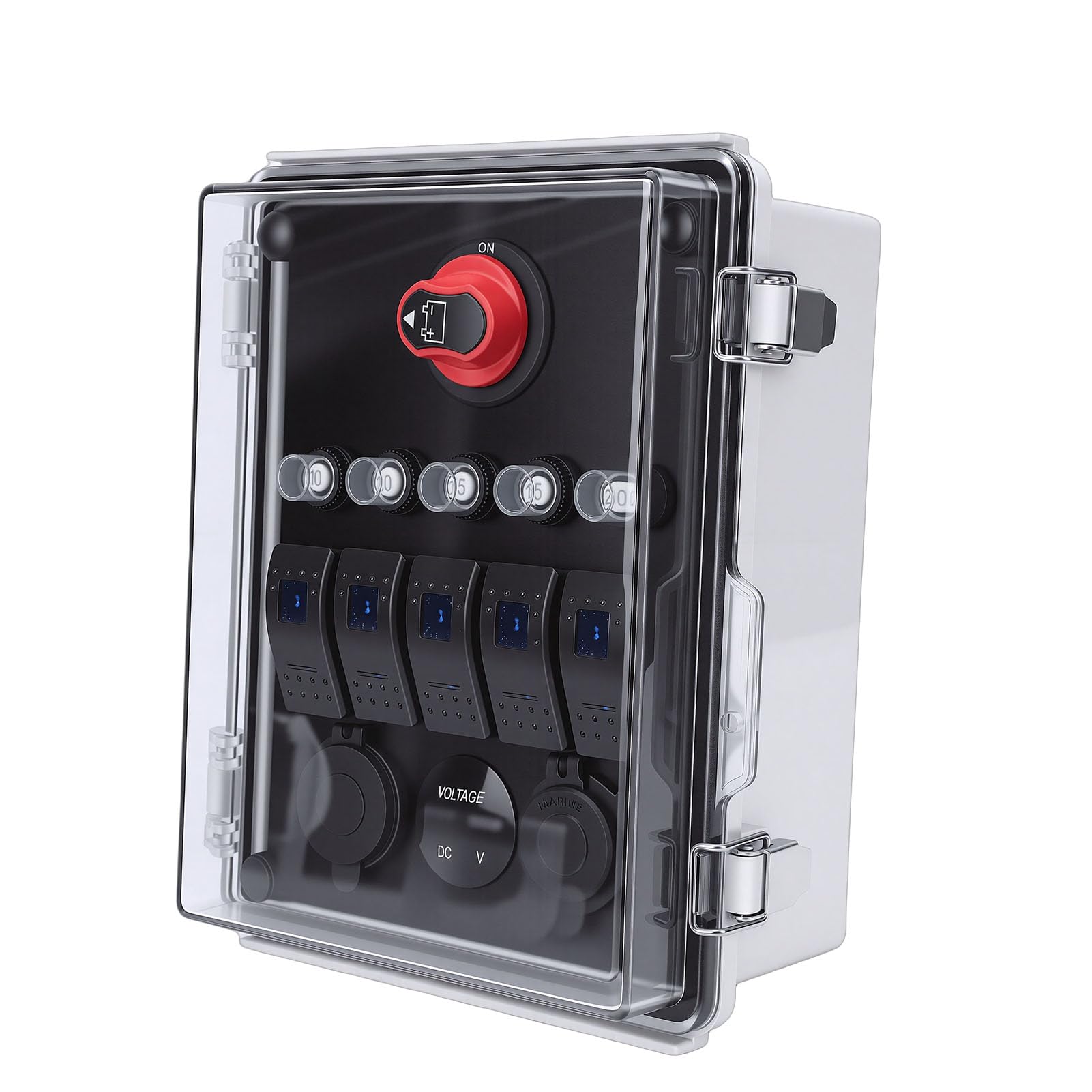 Dpofirs Caja de Panel de Interruptor Basculante Impermeable, Centro de Control de Energía Marina Precableado de 5 Bandas con Cargador USB PD y Voltímetro, para Camión, RV, ATV, Barco, Automotriz
