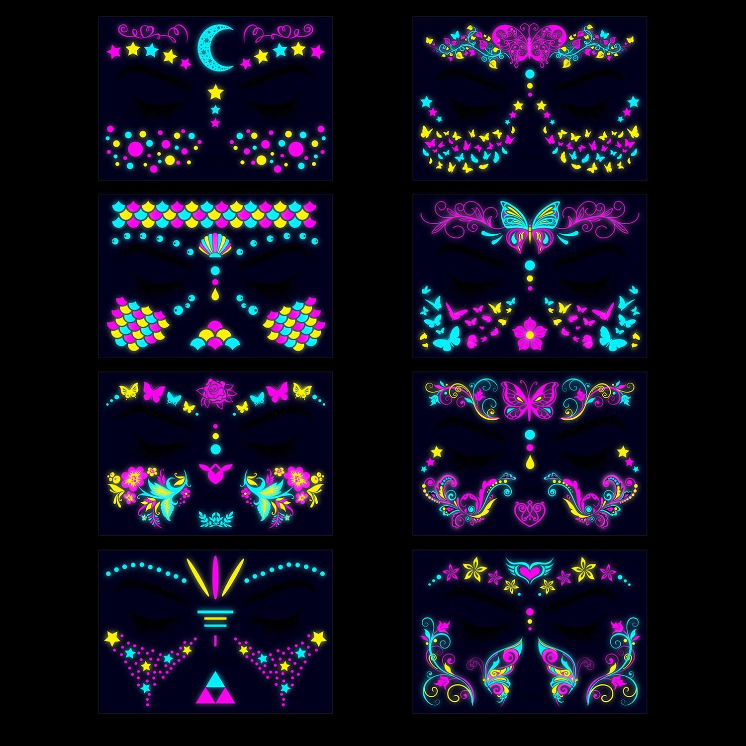 Khazna Glow In The Dark Tattoos for Adults, 8 Sheets Blacklight Neon Glow Temporary Tattoos Makeup Butterfly Tattoos Stickers for Glow In The Dark Party Supplies
