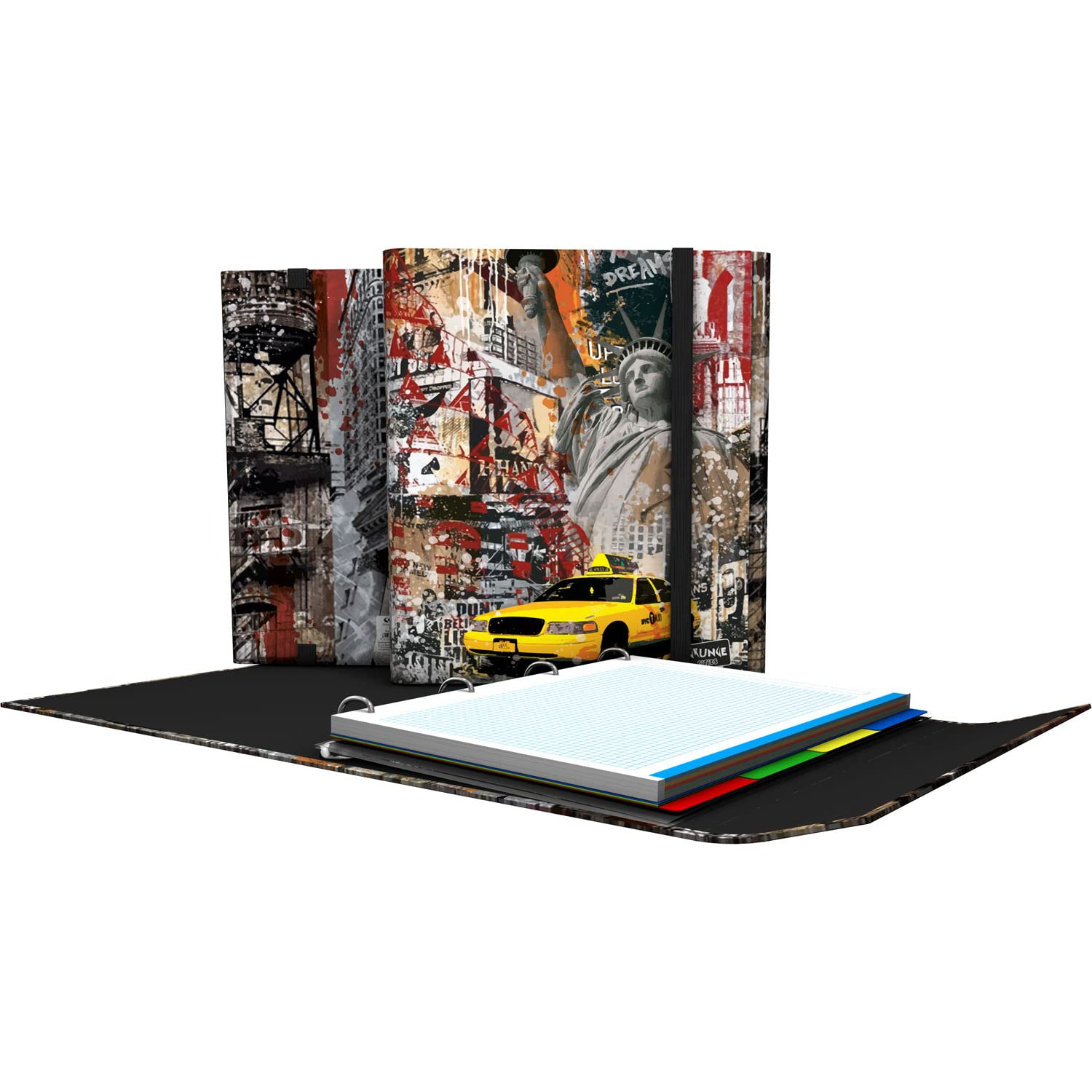 Grafoplás 88212646-4 Ring Flap Binder, A4, Rubber Closure, Includes Replacement and Separators, Carpeplus, Grunge Cities Collection, New York