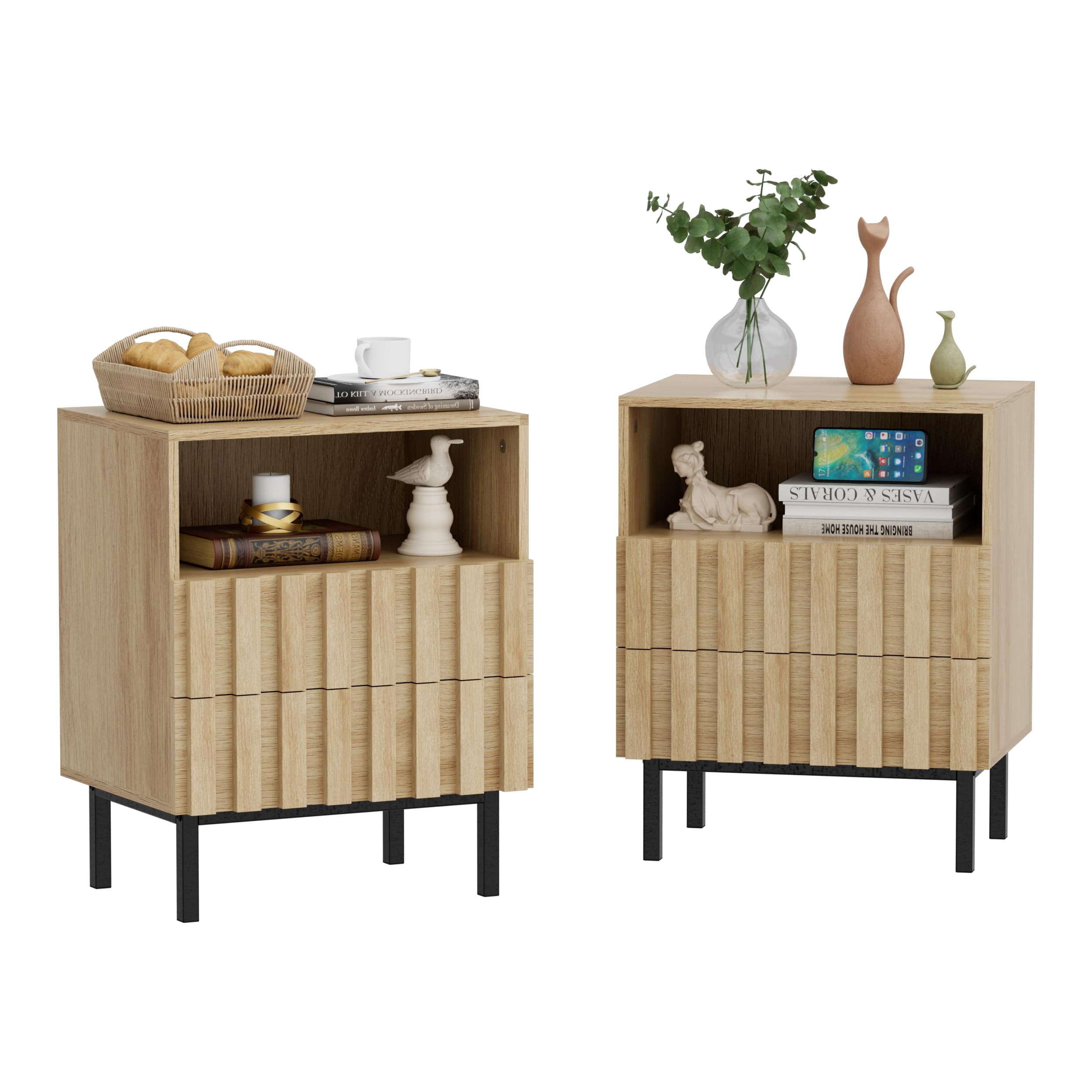 UEV 2 Drawer Bedside Table with Open Shelf, Modern Wood Slat Nightstand for Bedroom & Living Room, End Table with Storage, Ivory White, 45 x 35 x 56.2 cm — image 1