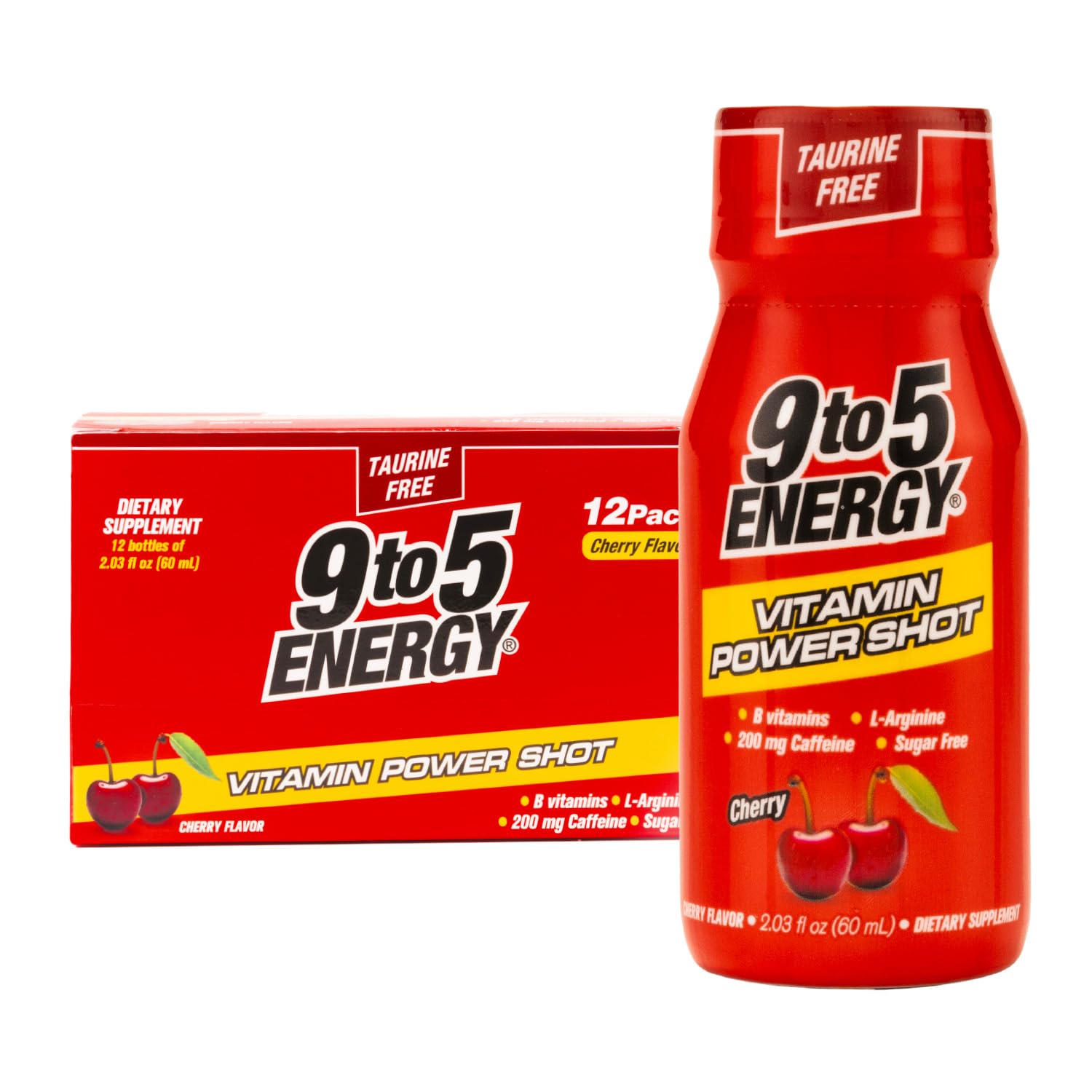 Vitamin Power Shot - Cherry Flavor, Taurine-Free, Sugar-Free, 12 Pack (2.03 fl oz Each) - Boost Energy, Focus, and Vitality with B Vitamins and L-Arginine