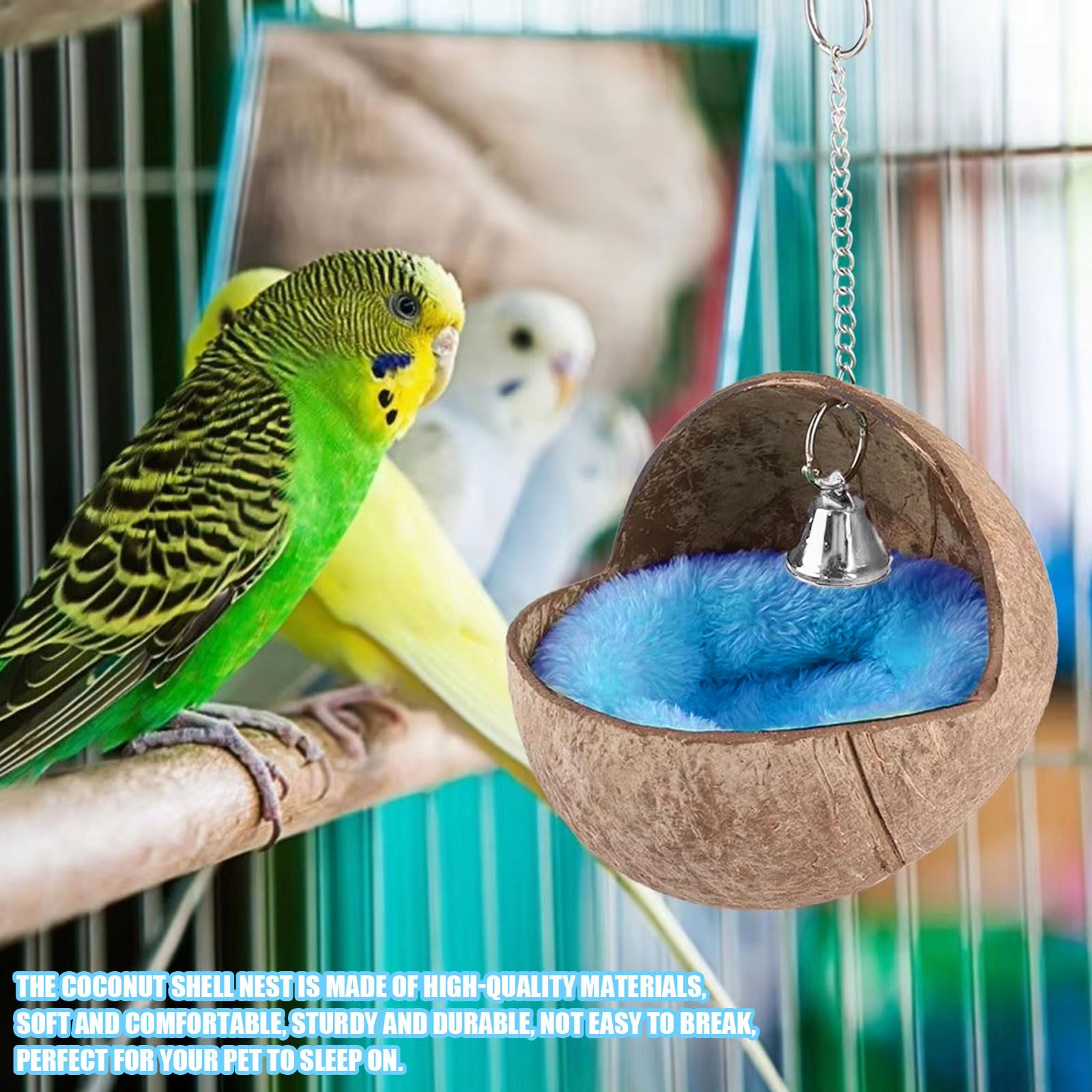 Nid d'oiseau en coquille de noix de coco naturelle, 1 pièce pour perroquet, cabane, nichoir à suspendre pour perruches, hamster, écureuil, rat, gerbille, souris