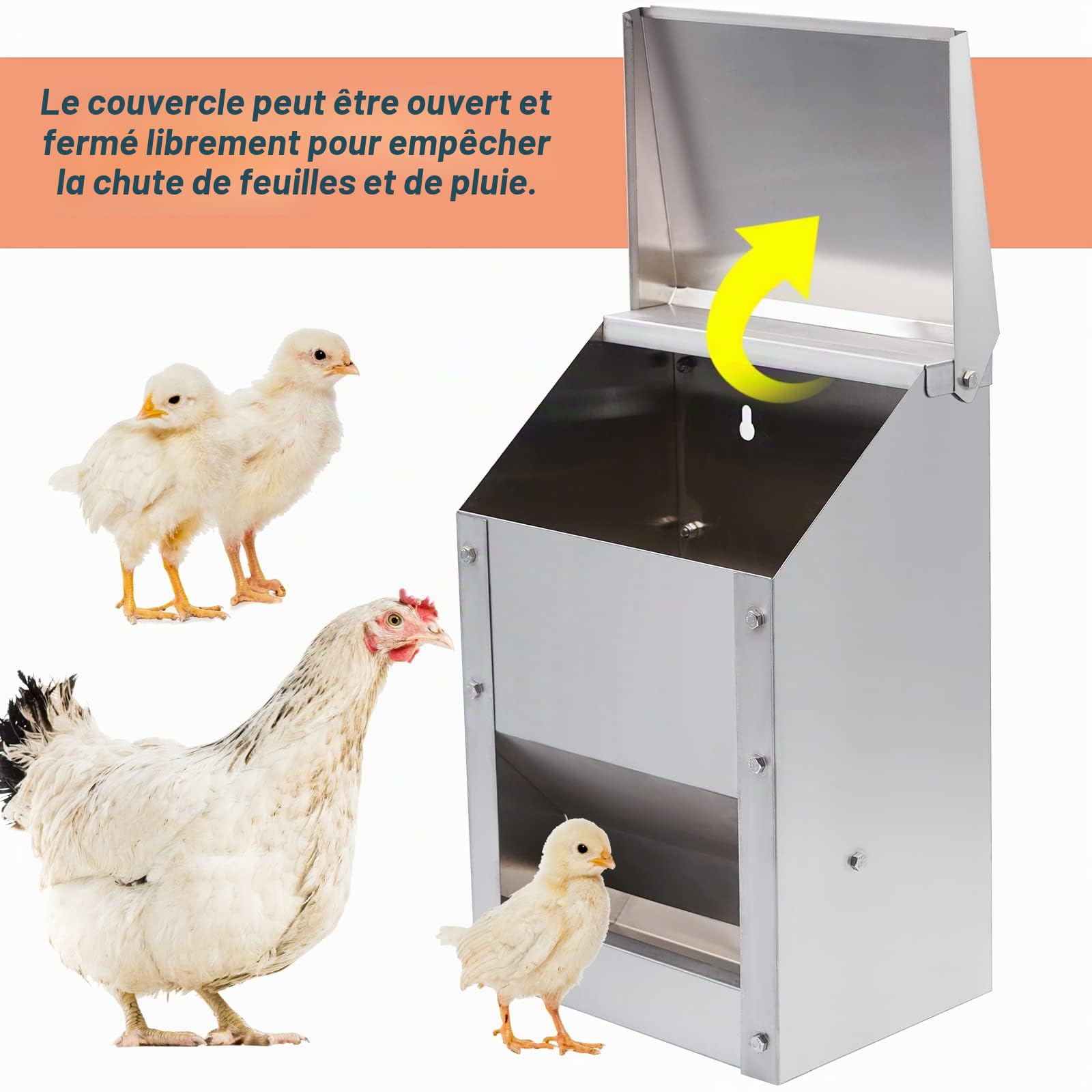 4,5 Kg Mangeoire Poule en Metal Mangeoire Poule Automatique avec Couvercle Mangeoire Murale Distributeur Automatique de Nourriture pour Poules Canards Volailles