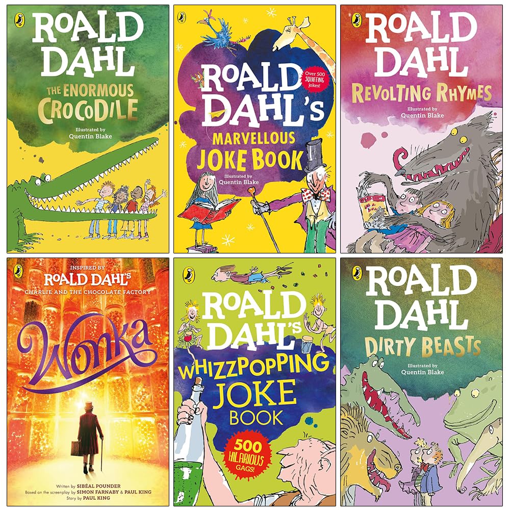Roald Dahl Collection 6 Books Set (The Enormous Crocodile, Marvellous Joke Book, Revolting Rhymes, Wonka, Whizzpopping Joke Book & Dirty Beasts)