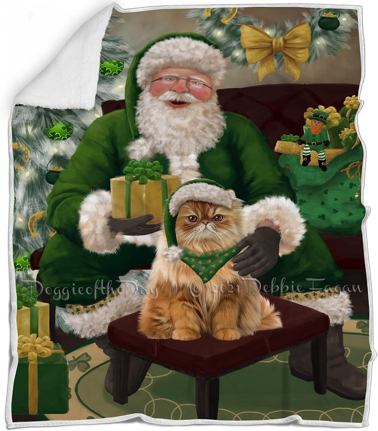 Doggie of the Day Persian Cat Blanket - Christmas Irish Santa with Gift - Super Soft & Warm Pet Theme for Sofa or Bed, Warm Fleece, Sherpa or Woven Material BLNKT141453 (50x60 Sherpa)