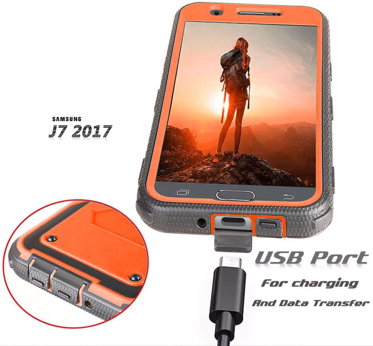 J.west Galaxy J7 Sky Pro Case,Galaxy J7 Prime / J7 V / J7 Perx / J7 2017 Case, Full-Body Rugged Belt Clip Holster Kickstand Case Without Built-in Screen Protector, Orange