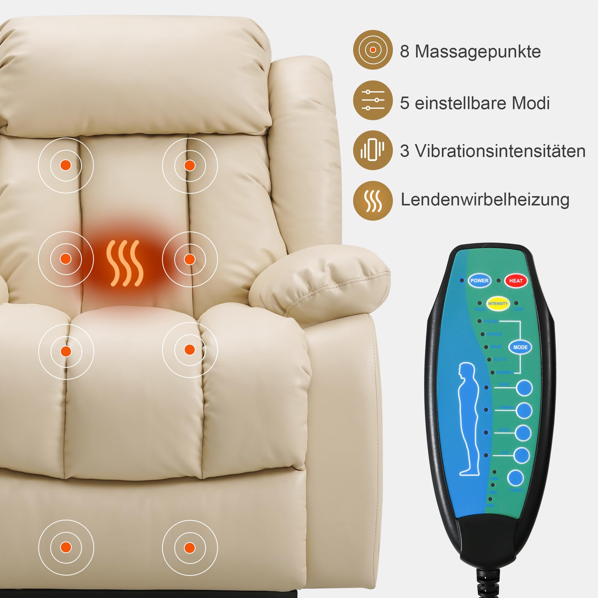 DUANDUAN 2 Motoren Elektrischer stufenlos verstellbar Relaxsessel mit 180° Liegefunktion, Sessel mit Schlaffunktion, Massagesessel mit Aufstehhilfe,Vibration und Heizung (Beige)