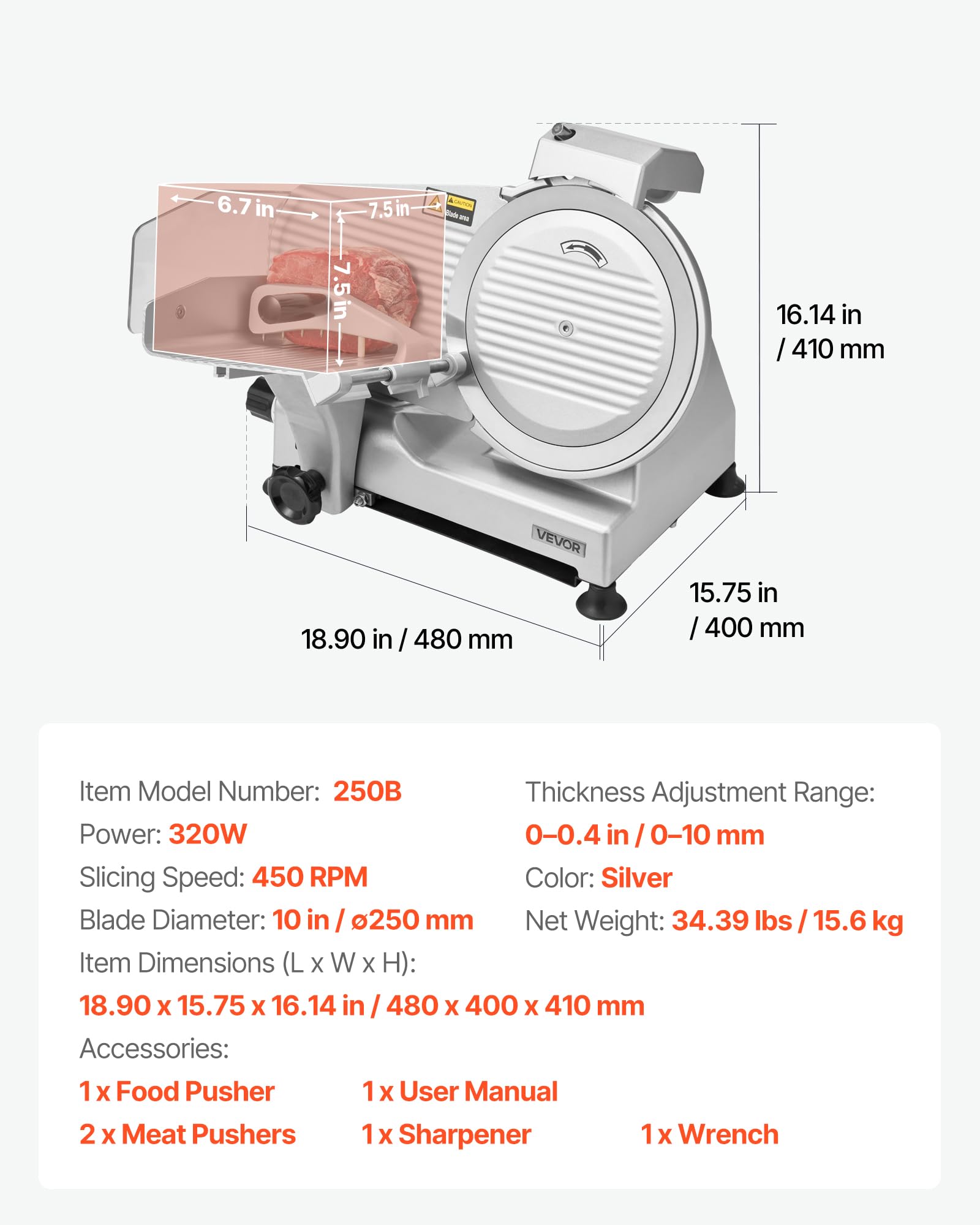 VEVOR Affettatrice Elettrica per Carne Commerciale da 320 W con Lama da 25 cm, Affettatrice con Spessore Regolabile da 0 a 10 mm, per Carne Congelata, Prosciutto, Bistecca di Prima Qualità
