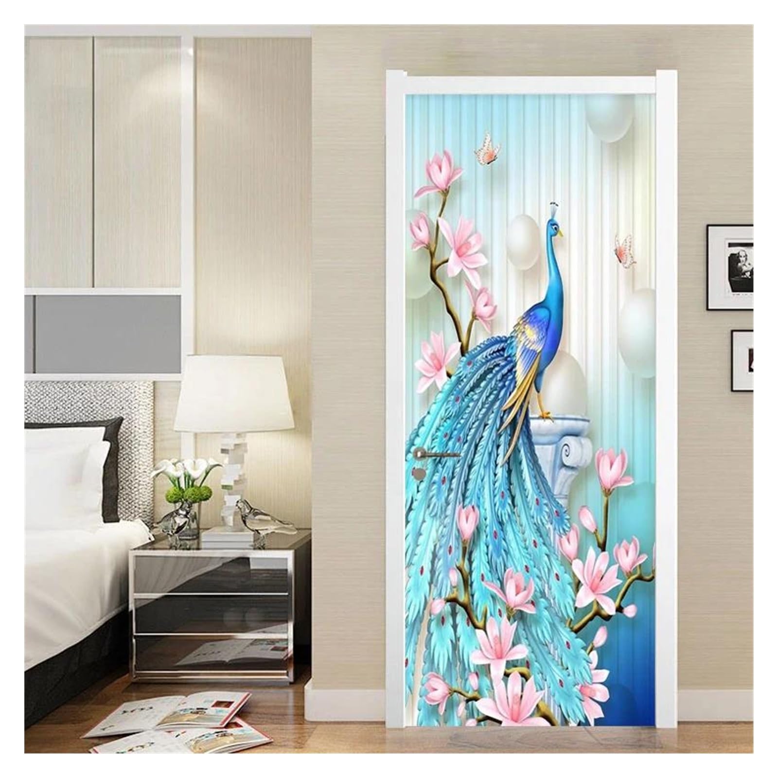Sticker de porte PVC fleurs de paon 3D 77x200cm pour déco de chambre