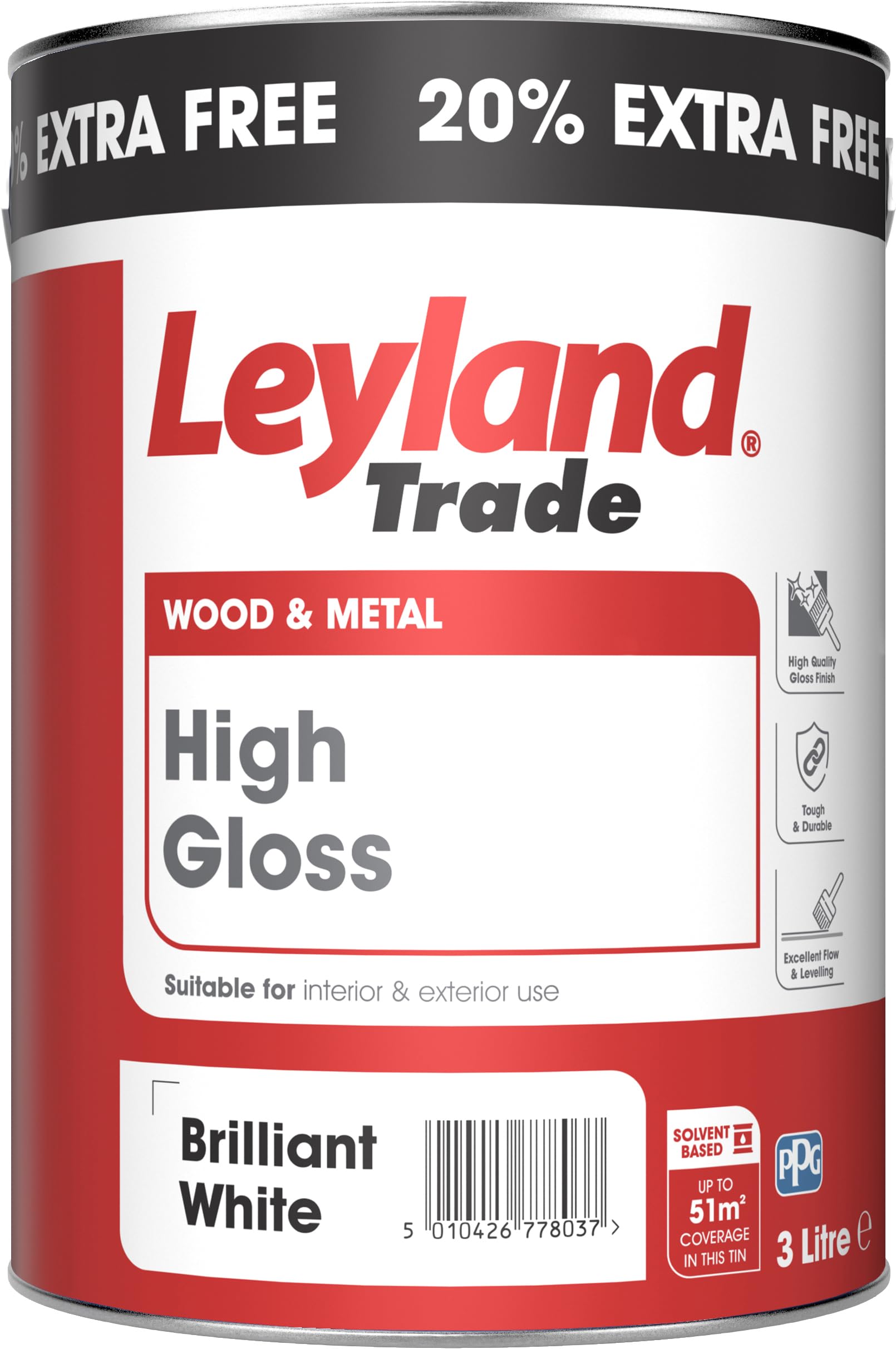 Leyland Trade - Pure Brilliant White - Gloss - Wood & Metal Paint - 20% Extra Free - 3L