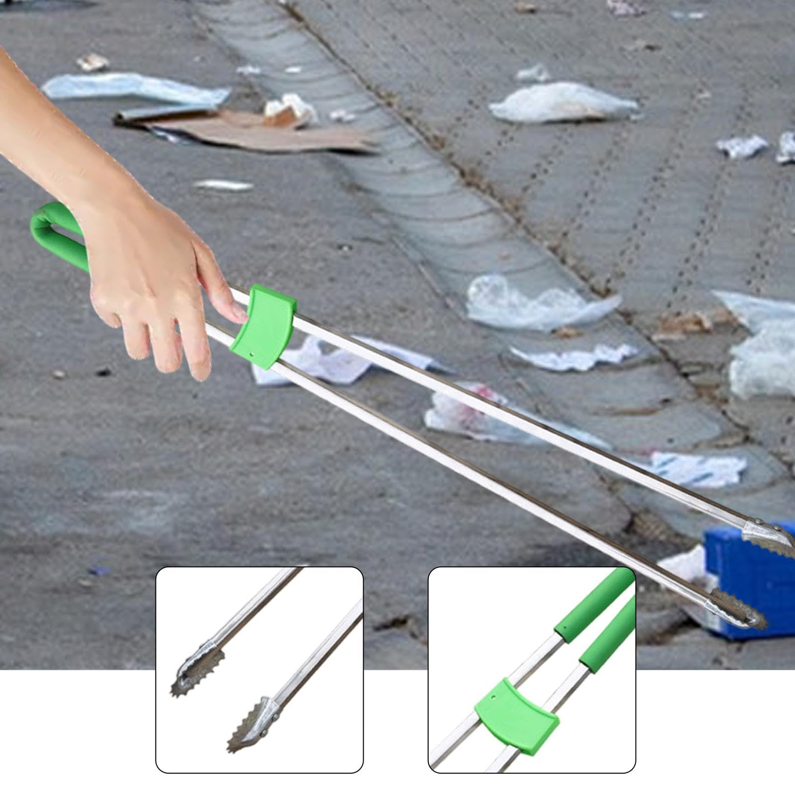 Pince à Déchets Double Tige Acier Inoxydable 91cm, Ramasse-Détritus Longue Portée pour Personnes Âgées, Outil Nettoyage Ergonomique, pour Rue, Jardin Ou Étang, Tige En Acier