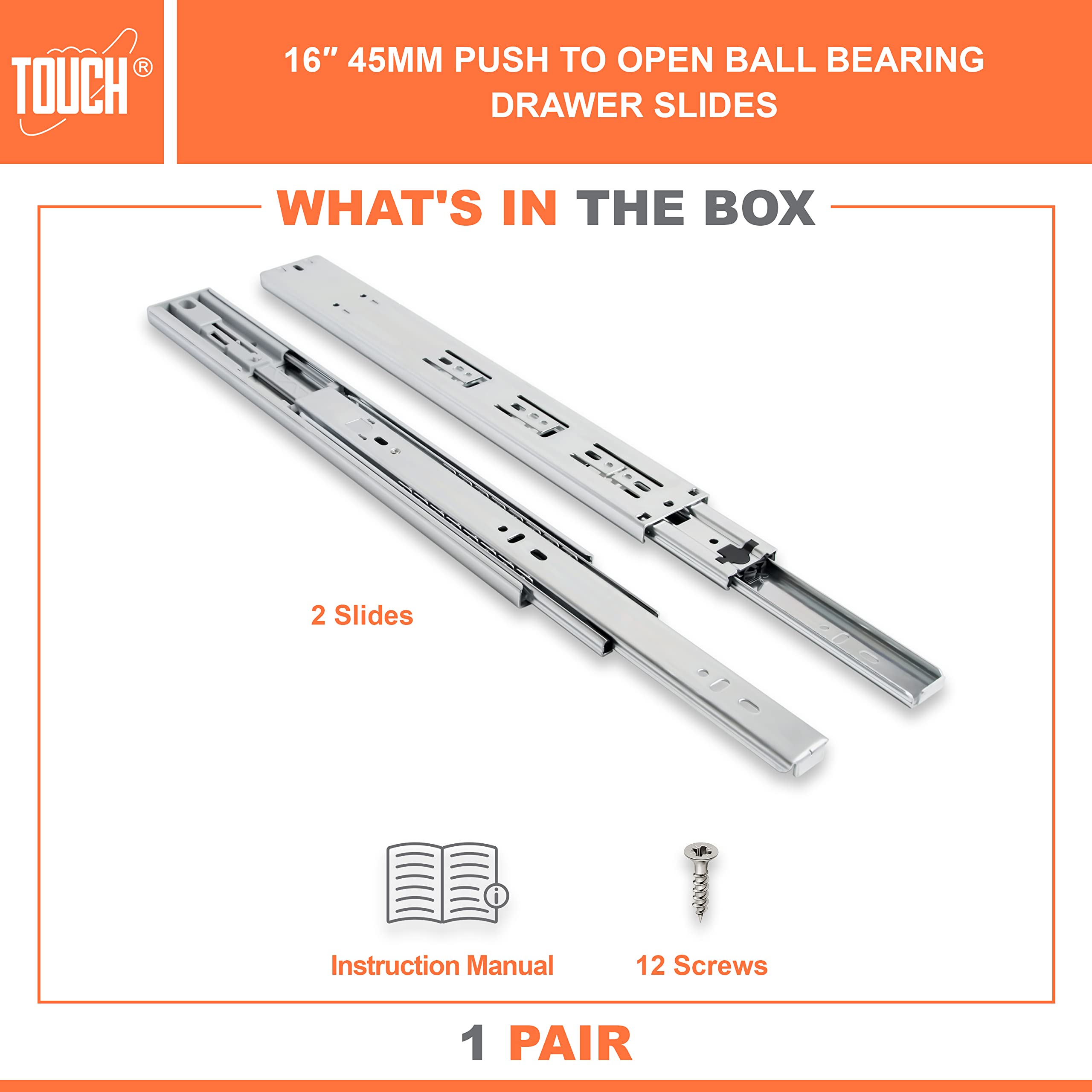 TOUCH Drawer Slides (1 Pair, 16 Inch 400mm) Push to Open Side Mount Ball Bearing 3 Folds Metal Rails Track Guide Glides Runners Heavy Duty Drawer Dresser Kitchen, 100 LB Capacity