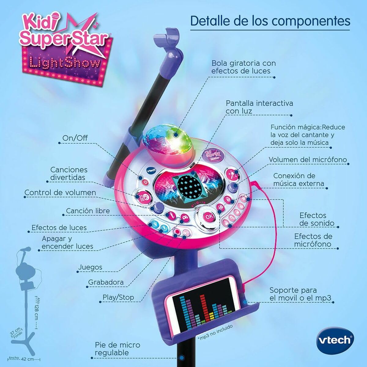 VTech - Kidi Superstar LightShow, Micrófono Karaoke Interactivo 9 en 1, Bola de Discoteca, Aprende a Cantar, Efectos de Voz y Luces, Grabadora y Juegos Musicales, Versión ESP