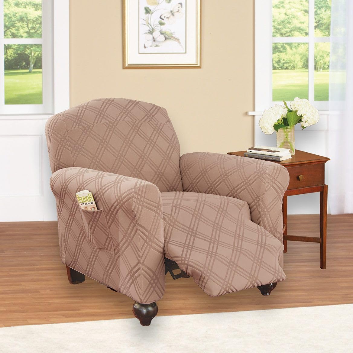 Gajula.Enterprises Double Diamond Stretch Recliner Cover Beige – Fits Up to 82" Circumference